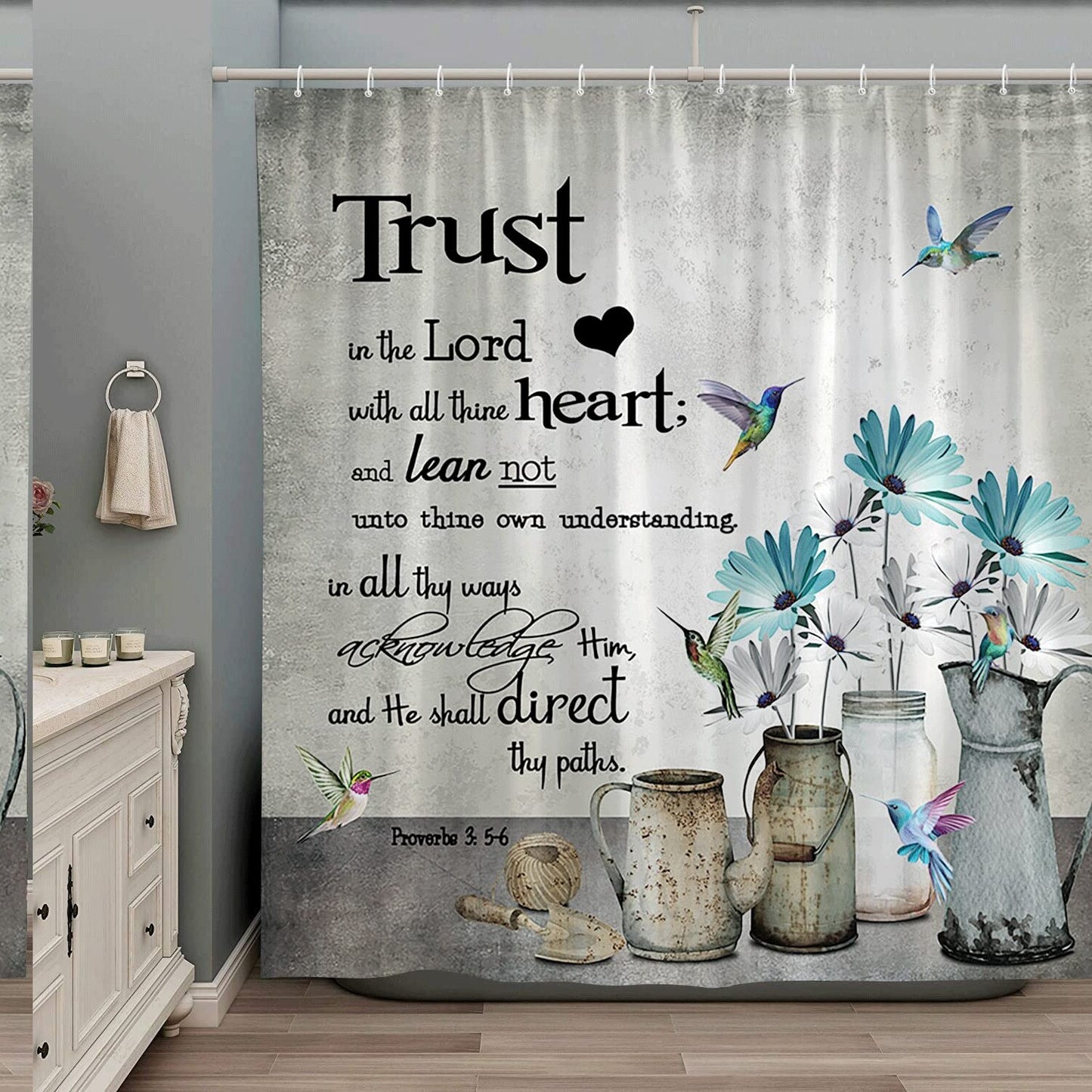 Teal Floral Hummingbird Shower Curtain 70x70