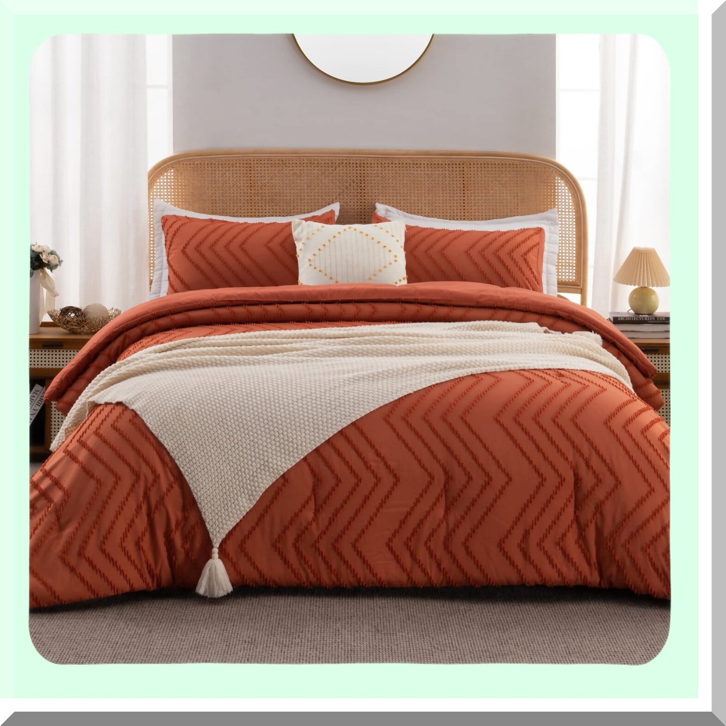 Boho Fall Chevron Comforter Set - Burnt Orange Lightweight Bedding for Bed - 3 Piece Tufted Comforters Set - Cozy Bed Set for Fall