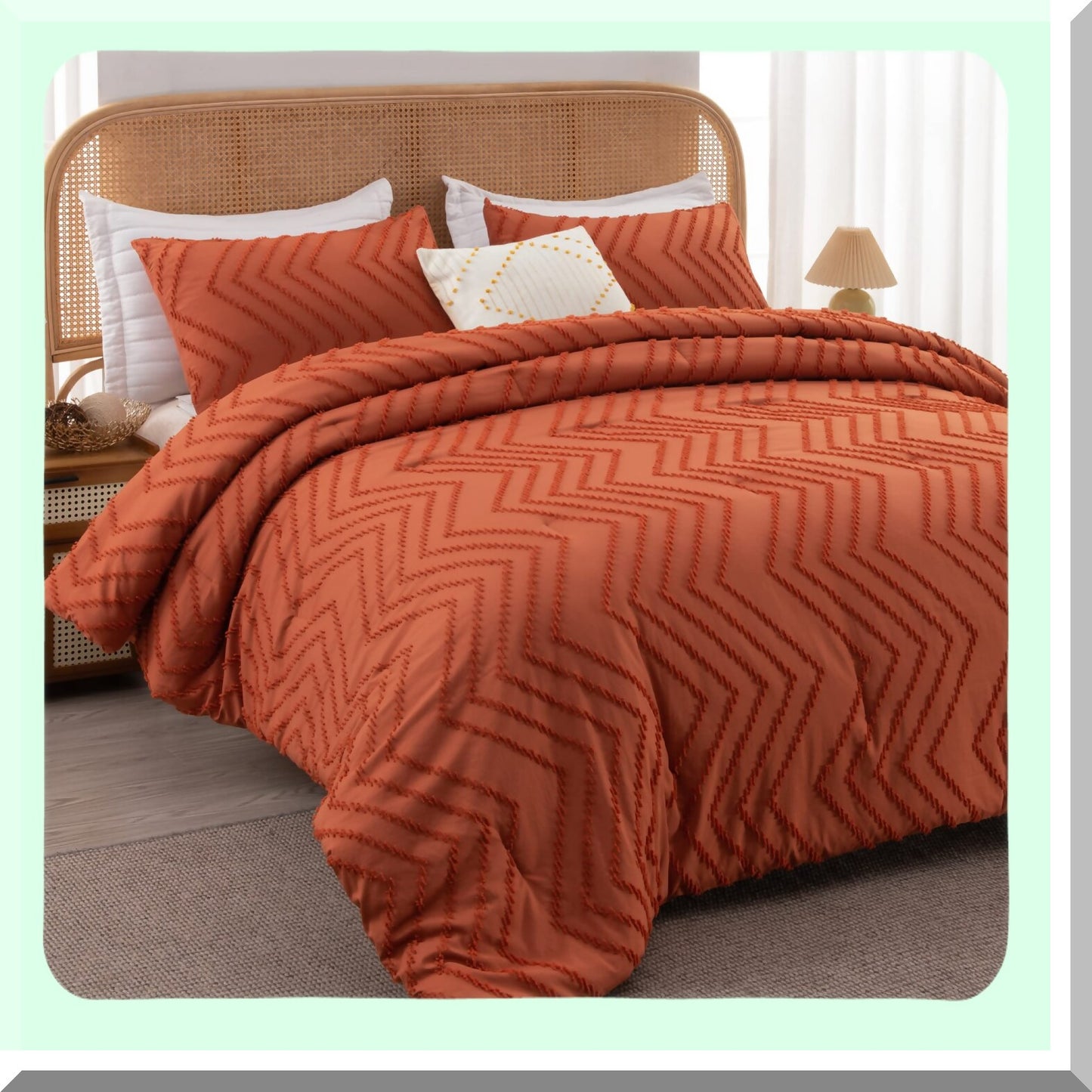Boho Fall Chevron Comforter Set - Burnt Orange Lightweight Bedding for Bed - 3 Piece Tufted Comforters Set - Cozy Bed Set for Fall