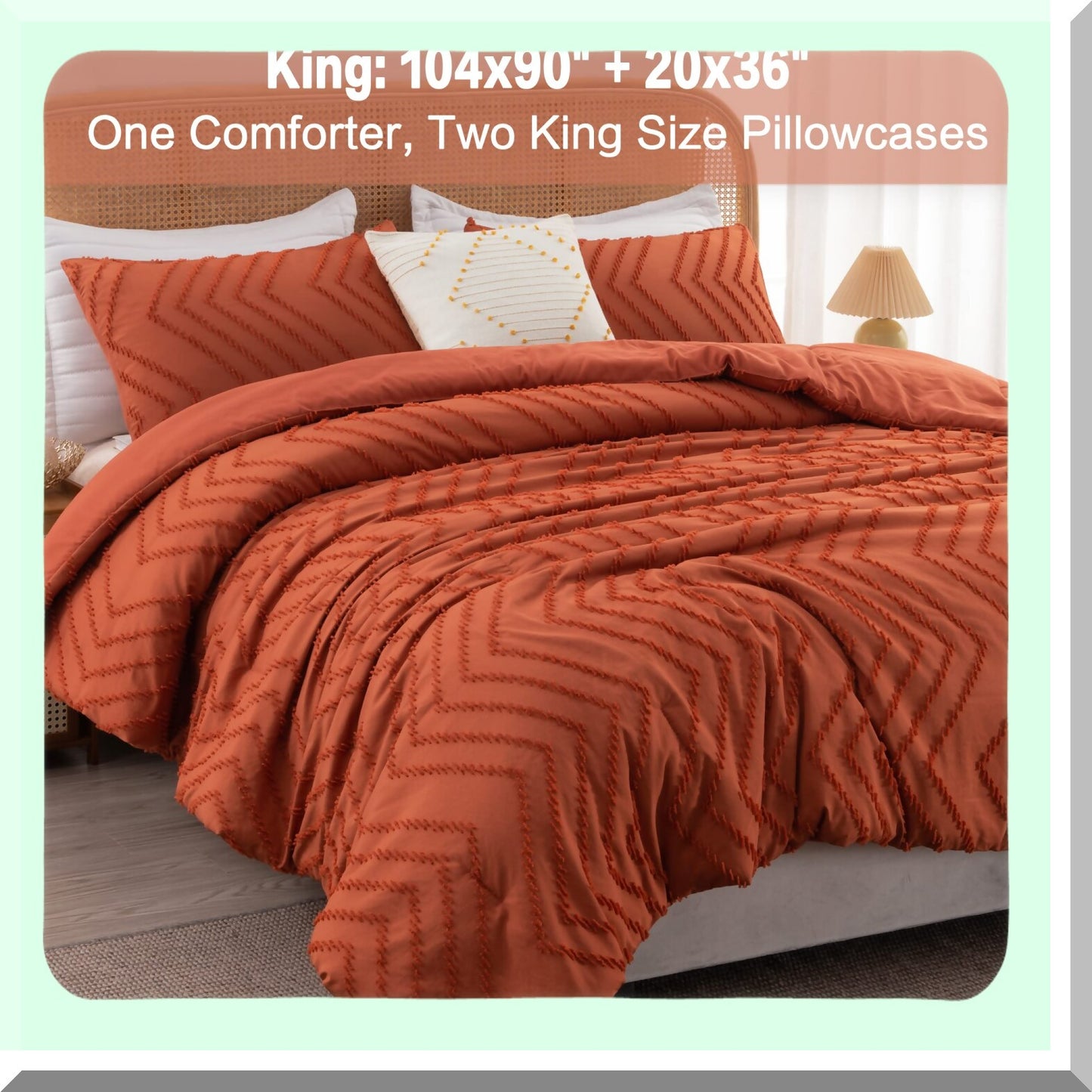 Boho Fall Chevron Comforter Set - Burnt Orange Lightweight Bedding for Bed - 3 Piece Tufted Comforters Set - Cozy Bed Set for Fall
