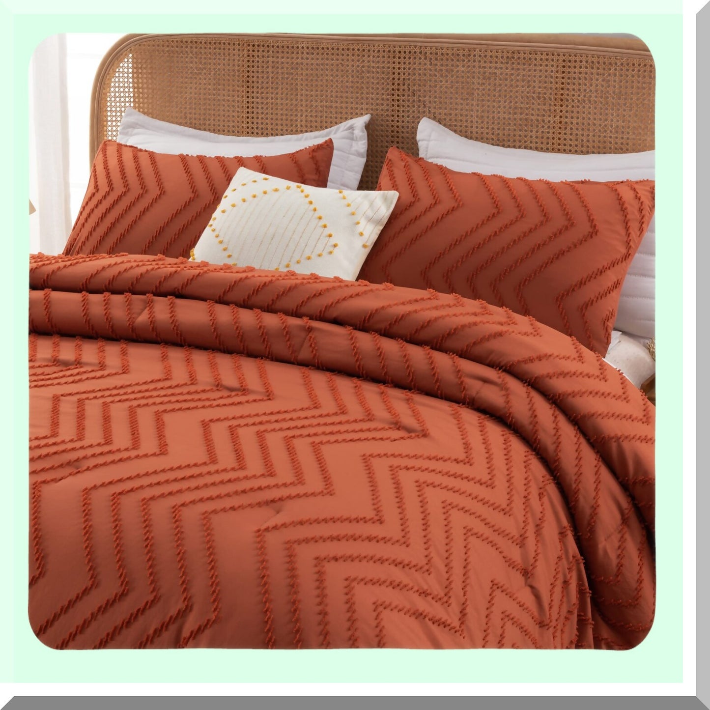 Boho Fall Chevron Comforter Set - Burnt Orange Lightweight Bedding for Bed - 3 Piece Tufted Comforters Set - Cozy Bed Set for Fall
