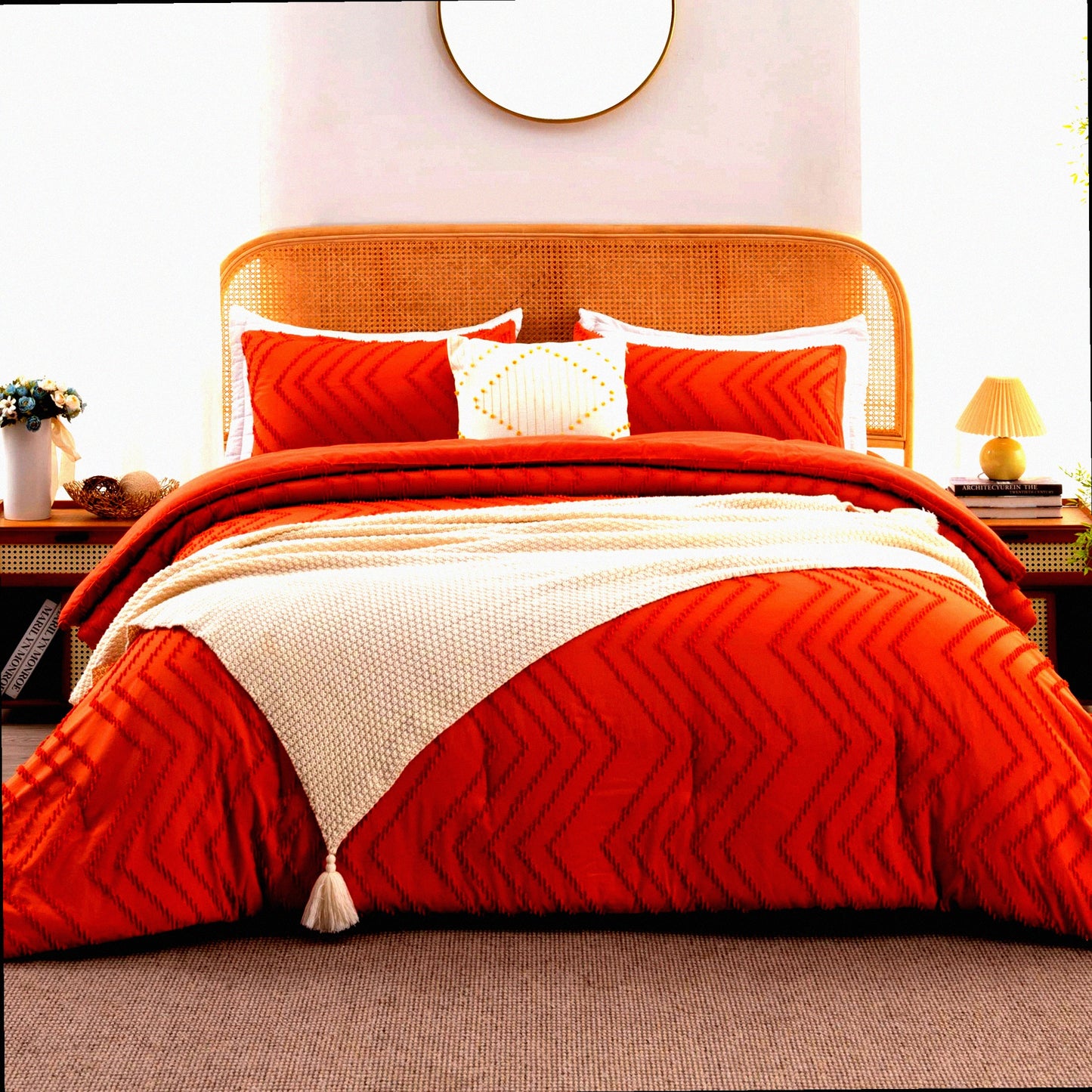 Boho Fall Chevron Comforter Set - Burnt Orange Lightweight Bedding for Bed - 3 Piece Tufted Comforters Set - Cozy Bed Set for Fall