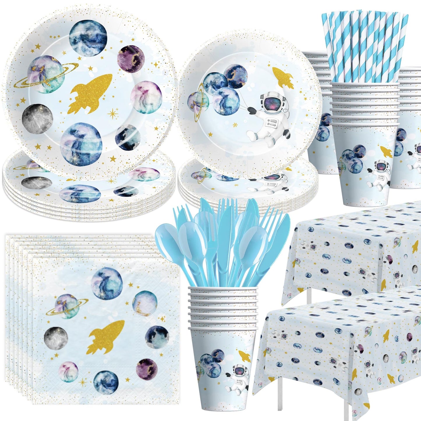 Galactic Blast Party Pack - Space Theme Decor Set for Boys - Includes Plates, Cups, Napkins, Tablecloth, and Tableware - Ideal for Astronauts and Planet Lovers - Serves 24