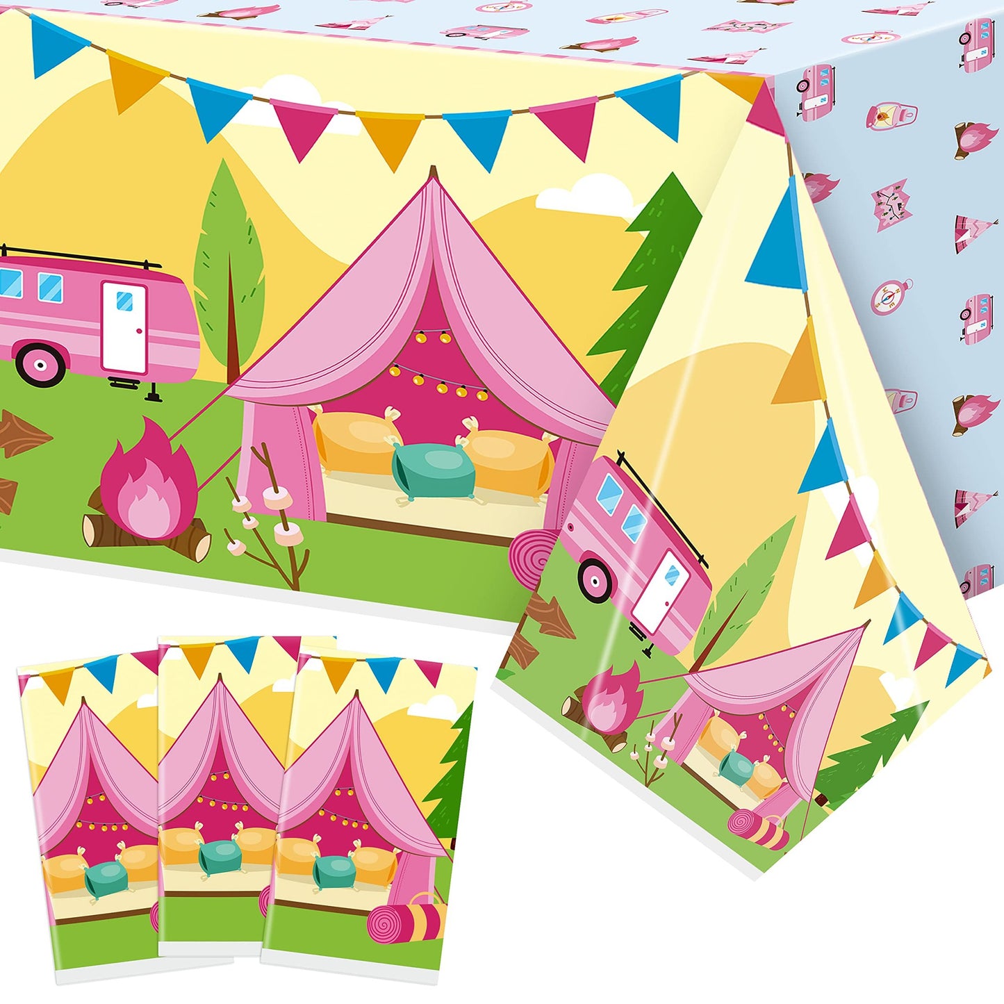 Adventure Time Pink Plastic Tablecloths - 3 Pack of Waterproof Rectangle Campfire Cute Table Covers for Kids Baby Shower Girls Birthday Party Hiking Picnic