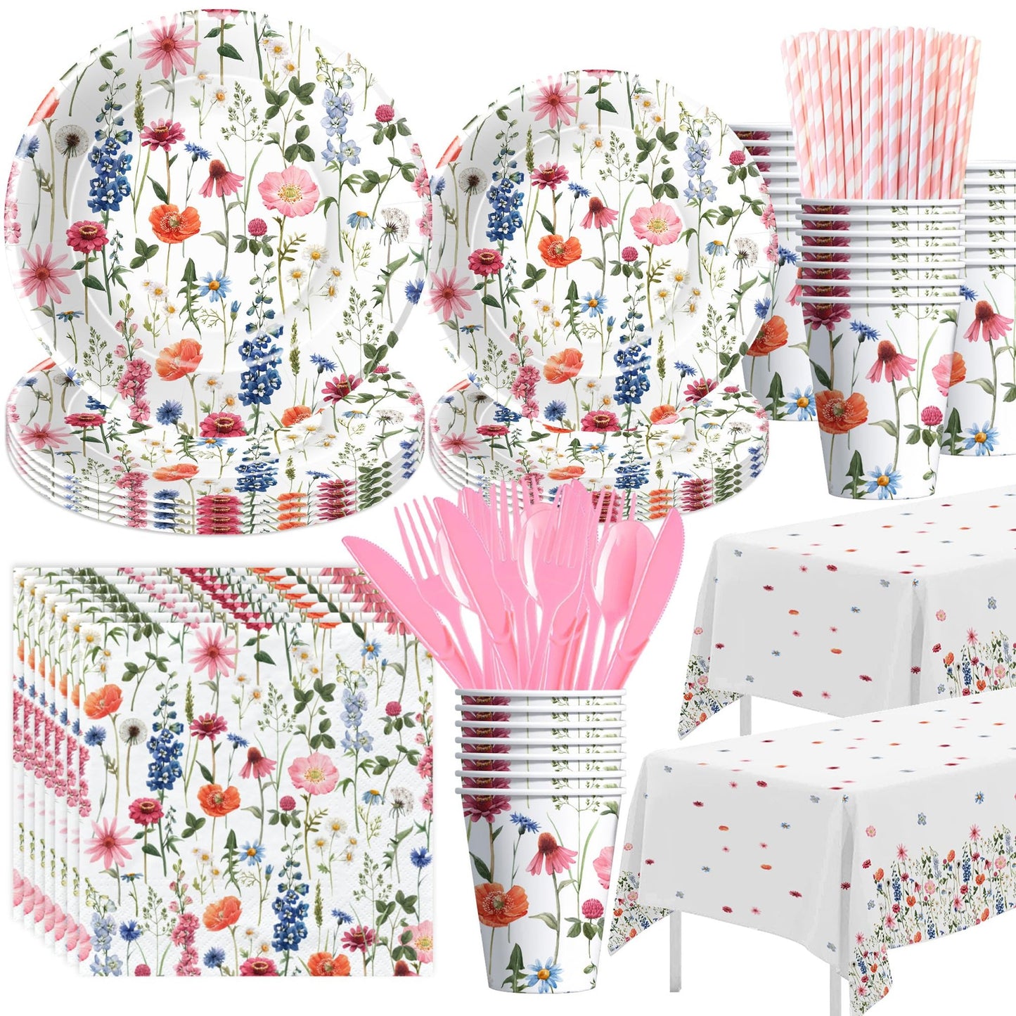 Bloom Bash Tableware Set - Wildflower Party Supplies for 24 Guests - Floral Plates, Cups, Napkins, Tablecloth, and Cutlery - Spring Summer Flower Decorations for Birthday, Baby Shower, Tea Party