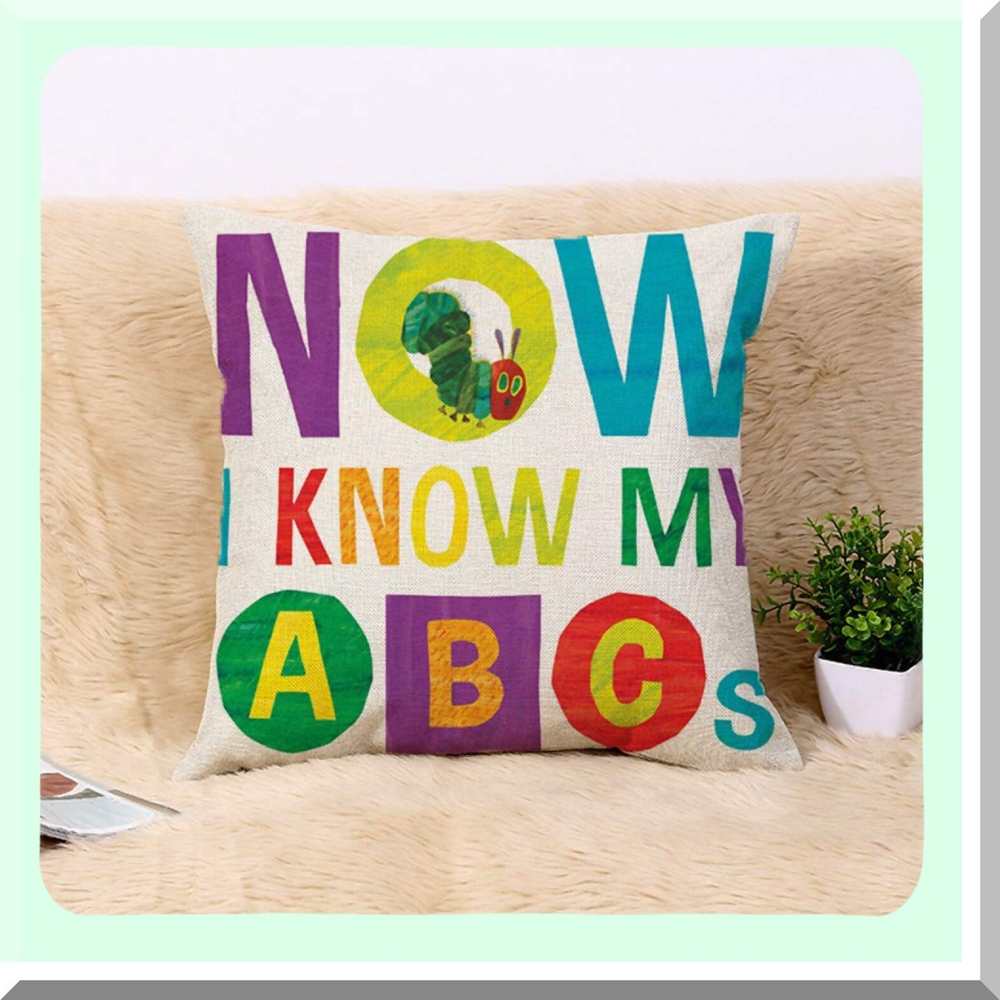 ABC Learning Home Decor Pillow Cover - 18x18 Inch Square Pillowcase for Sofa, Couch, Bed - Eric Carle Inspired Cushion Cover