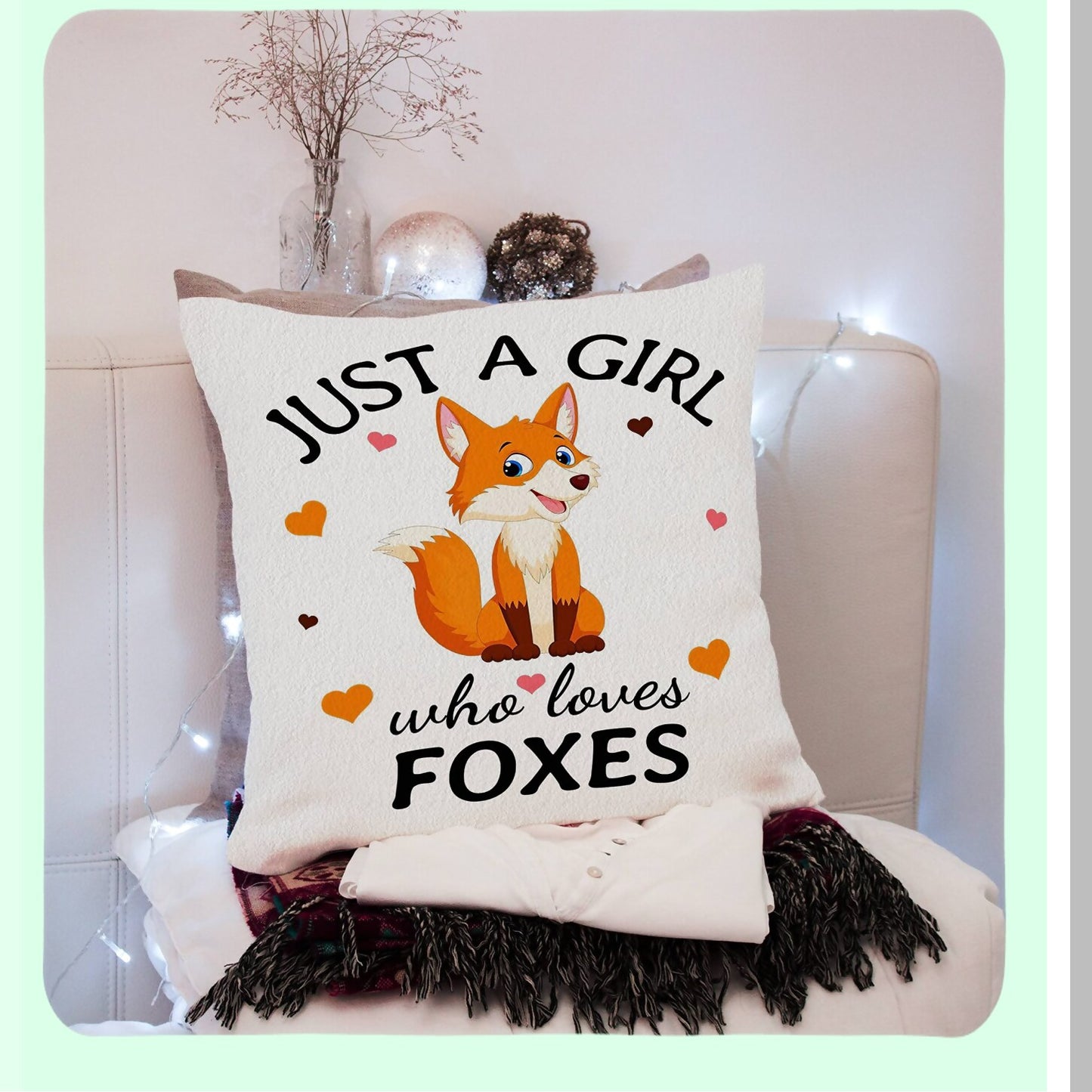 Foxie Love Decorative Pillow Cover - Cute Fox Throw Pillow for Girls Room, Fox Gifts - 18x18 Red Fox Cushion Cover - Fox Lover Home Decor Accessory