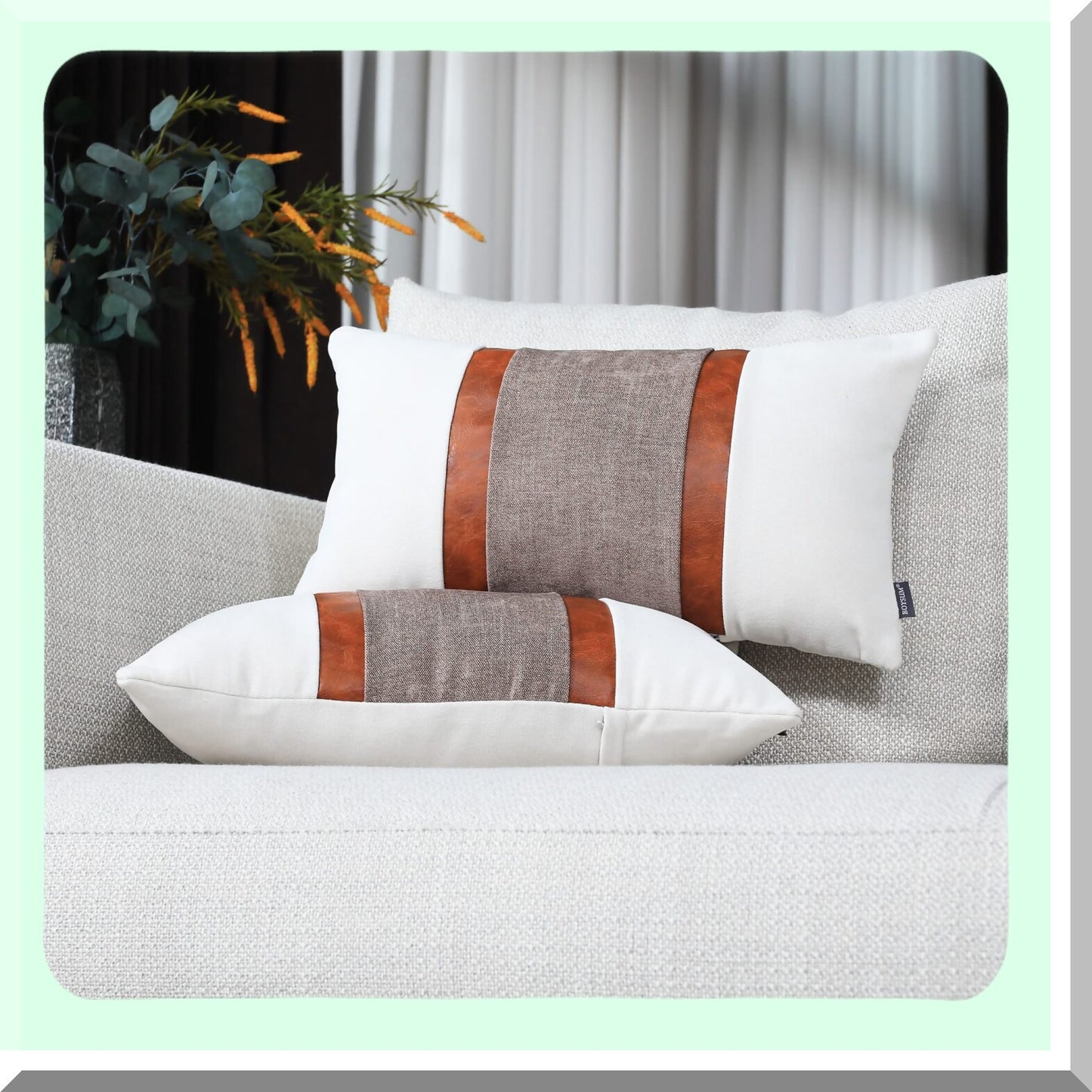 Rustic Patchwork Leather Throw Pillow Covers - Set of 2 Farmhouse Decorative Cushion Cases for Couch, Chair, Bedroom - Beige & Coffee 12x20 Inch