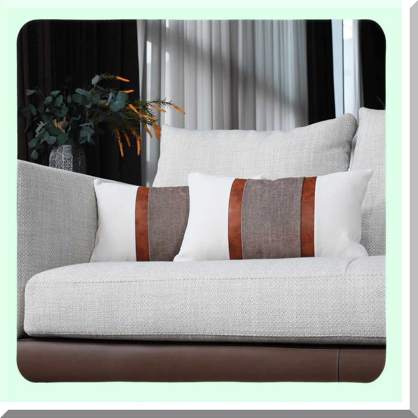 Rustic Patchwork Leather Throw Pillow Covers - Set of 2 Farmhouse Decorative Cushion Cases for Couch, Chair, Bedroom - Beige & Coffee 12x20 Inch