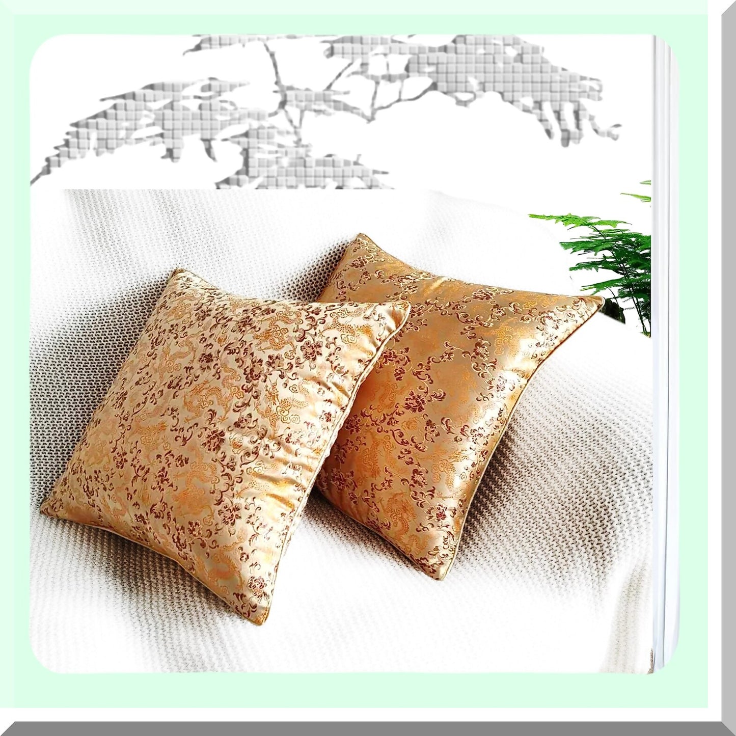 Luxury Gold Jacquard Pillow Covers - 18x18 Inch Silky Style with Rope Border - Elegant Home Decor for Couch, Sofa, Bed - Brownish Gold Accent - Set of 2