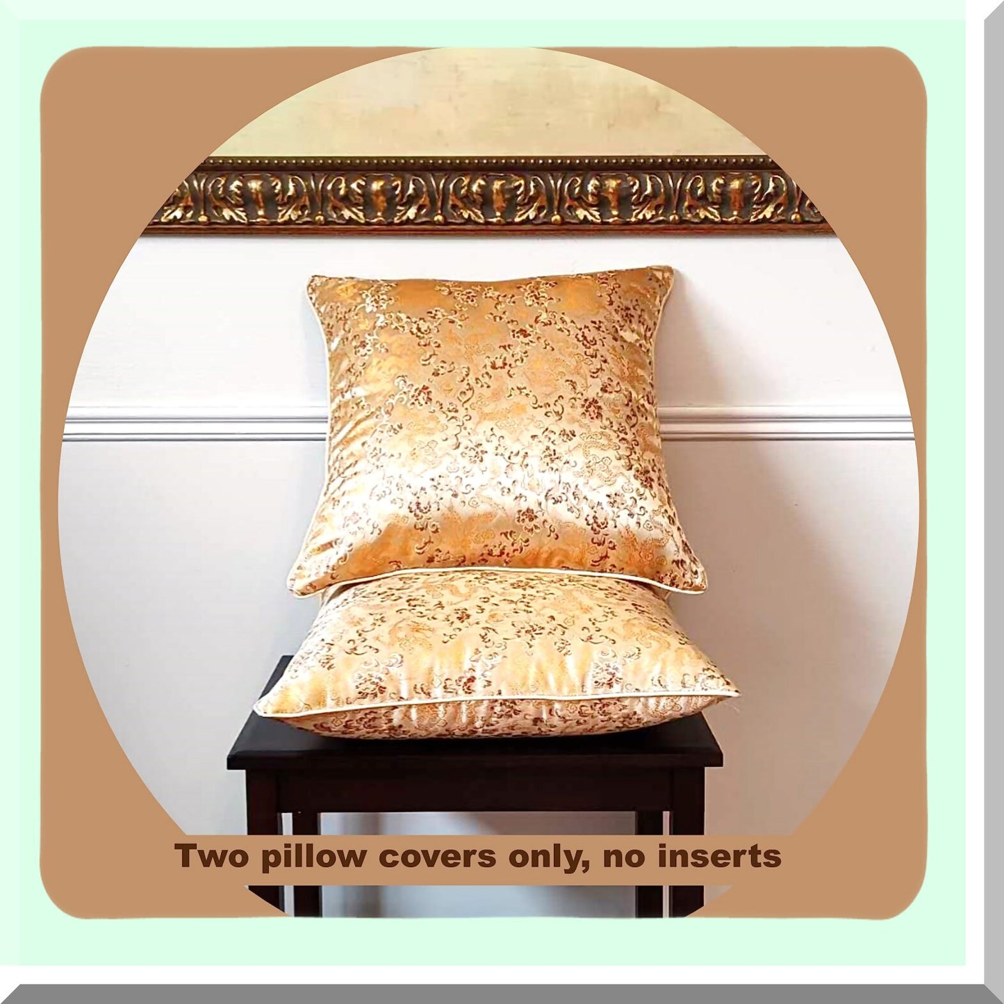 Luxury Gold Jacquard Pillow Covers - 18x18 Inch Silky Style with Rope Border - Elegant Home Decor for Couch, Sofa, Bed - Brownish Gold Accent - Set of 2