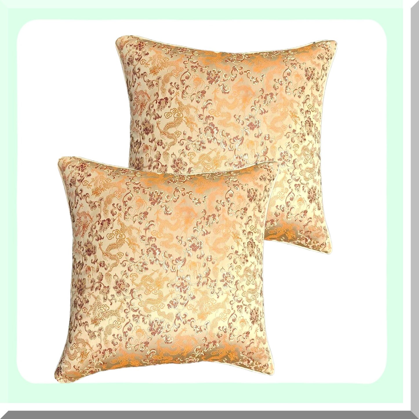 Luxury Gold Jacquard Pillow Covers - 18x18 Inch Silky Style with Rope Border - Elegant Home Decor for Couch, Sofa, Bed - Brownish Gold Accent - Set of 2