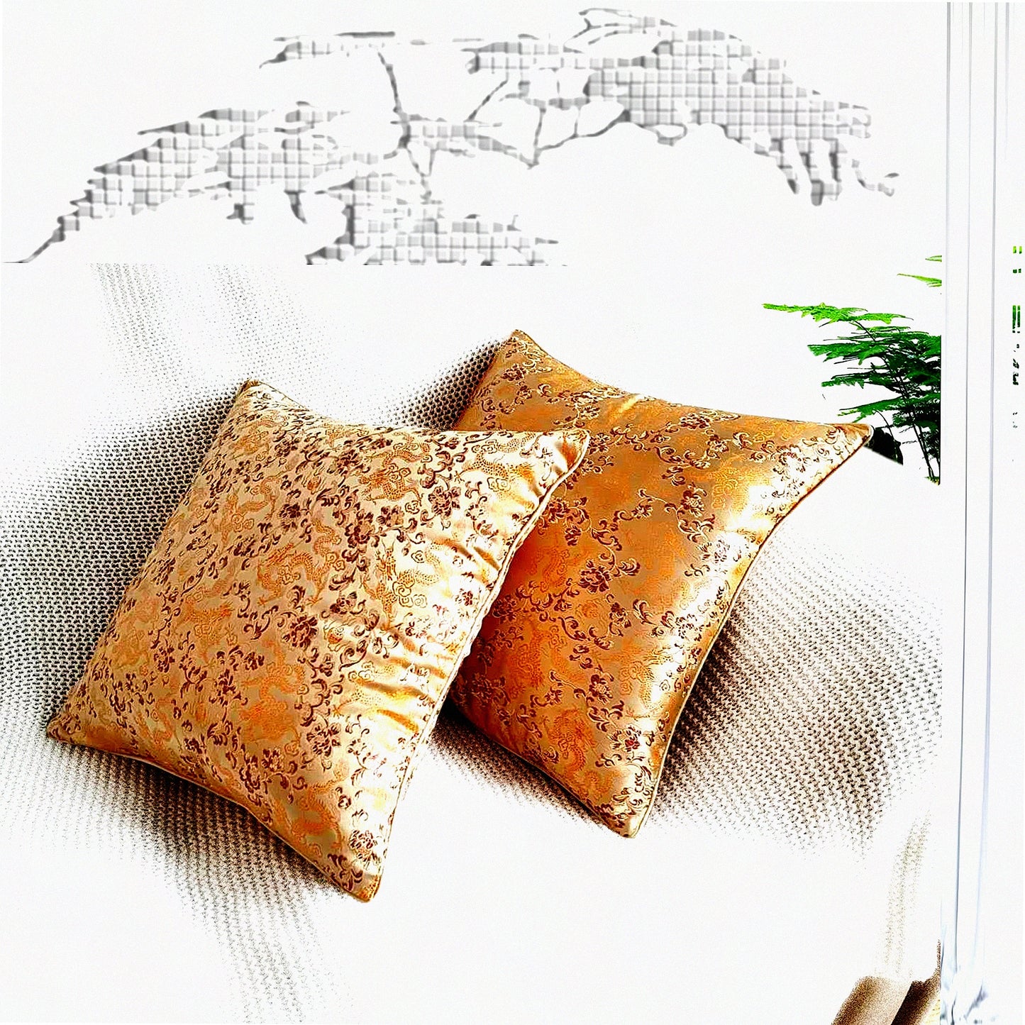 Luxury Gold Jacquard Pillow Covers - 18x18 Inch Silky Style with Rope Border - Elegant Home Decor for Couch, Sofa, Bed - Brownish Gold Accent - Set of 2