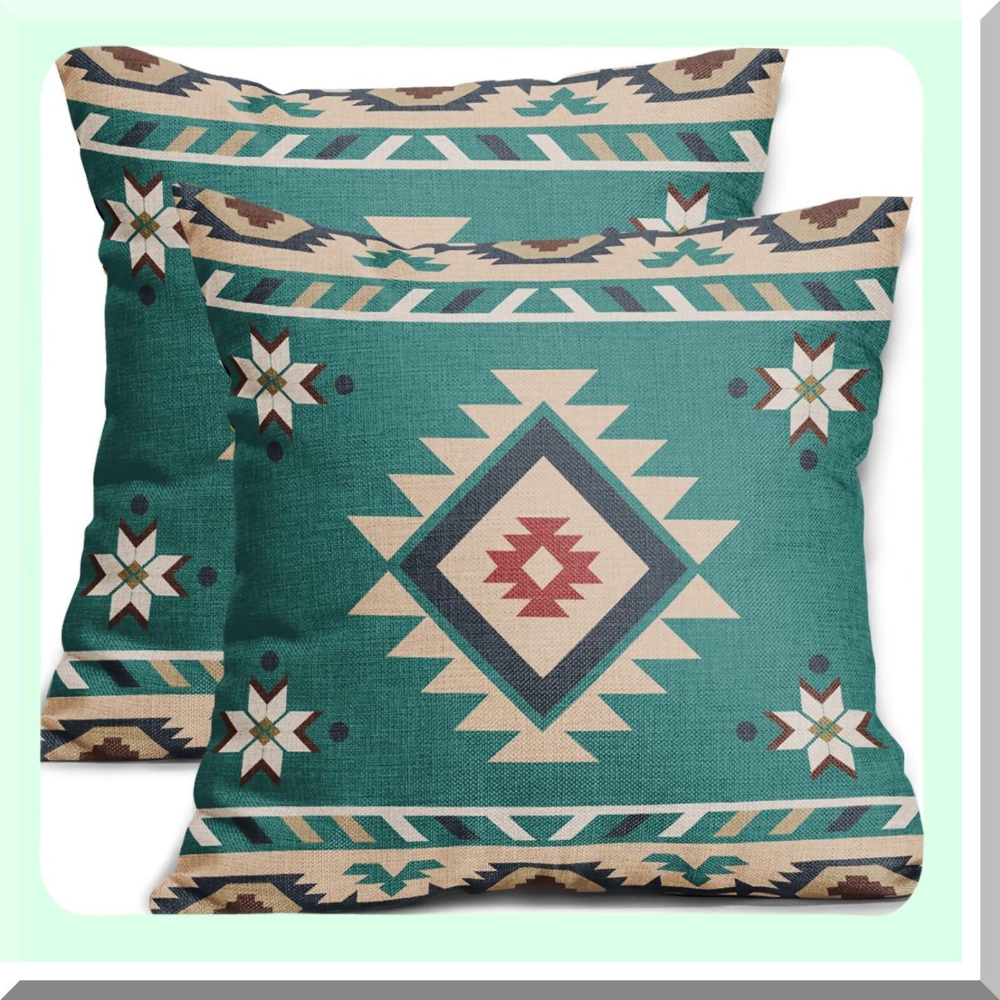 Turquoise Southwest Linen Pillow Covers - Set of 2 Decorative Cushion Cases for Couch, Sofa, Patio, Bedroom, Living Room - 18x18 Inch Western Throw
