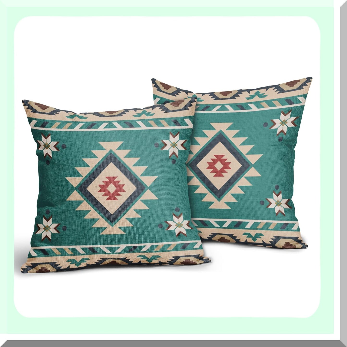 Turquoise Southwest Linen Pillow Covers - Set of 2 Decorative Cushion Cases for Couch, Sofa, Patio, Bedroom, Living Room - 18x18 Inch Western Throw