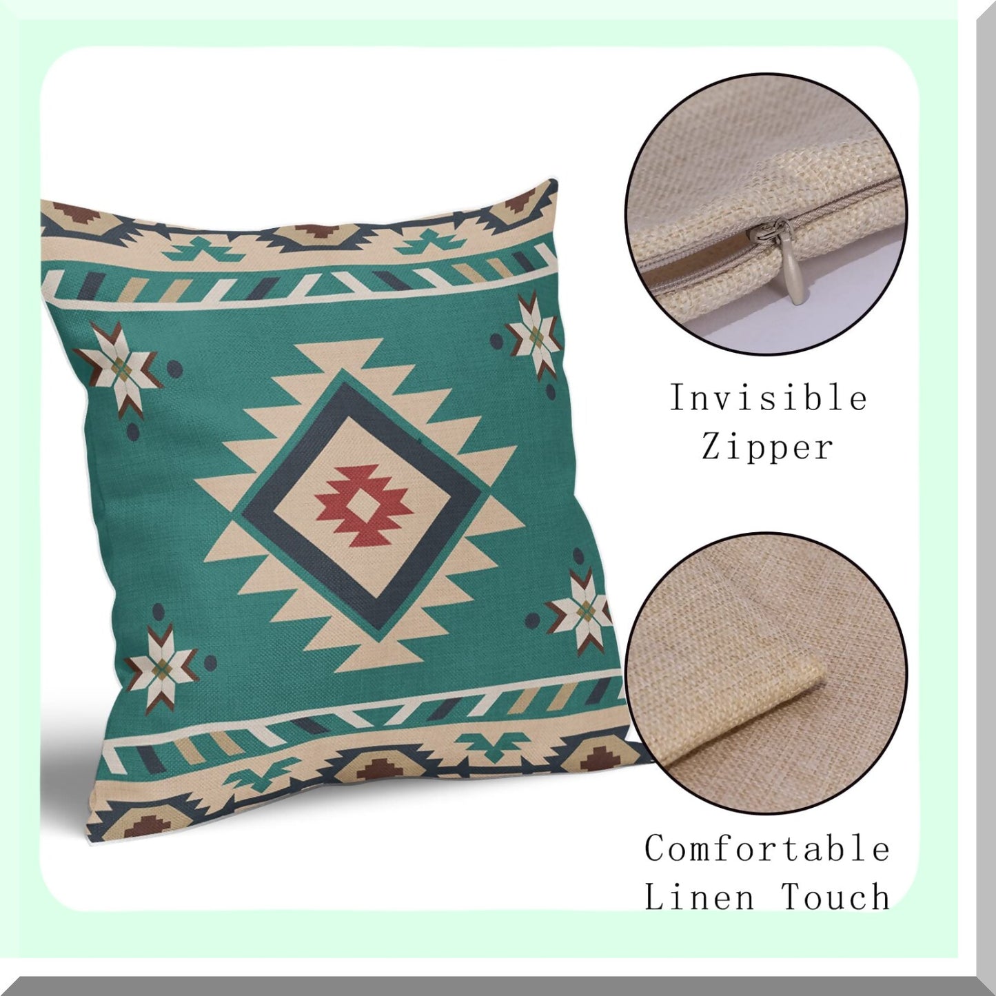 Turquoise Southwest Linen Pillow Covers - Set of 2 Decorative Cushion Cases for Couch, Sofa, Patio, Bedroom, Living Room - 18x18 Inch Western Throw