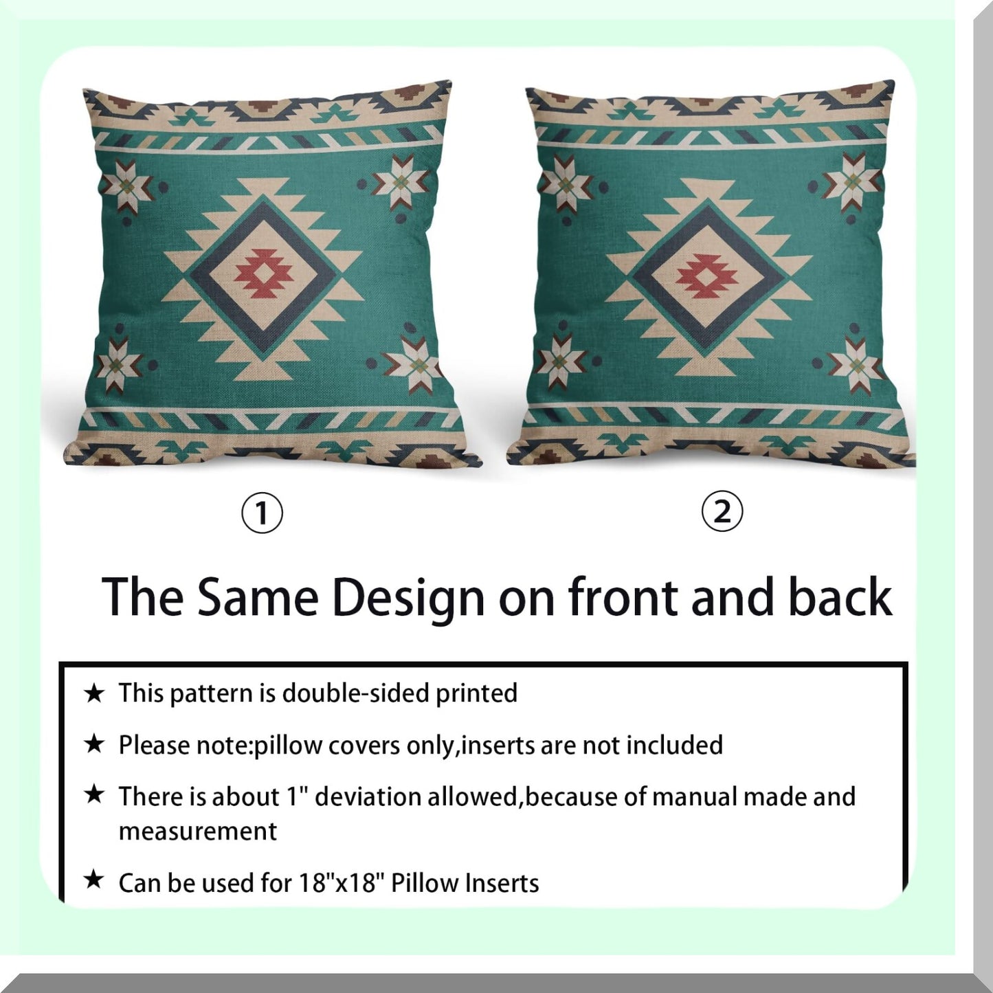 Turquoise Southwest Linen Pillow Covers - Set of 2 Decorative Cushion Cases for Couch, Sofa, Patio, Bedroom, Living Room - 18x18 Inch Western Throw