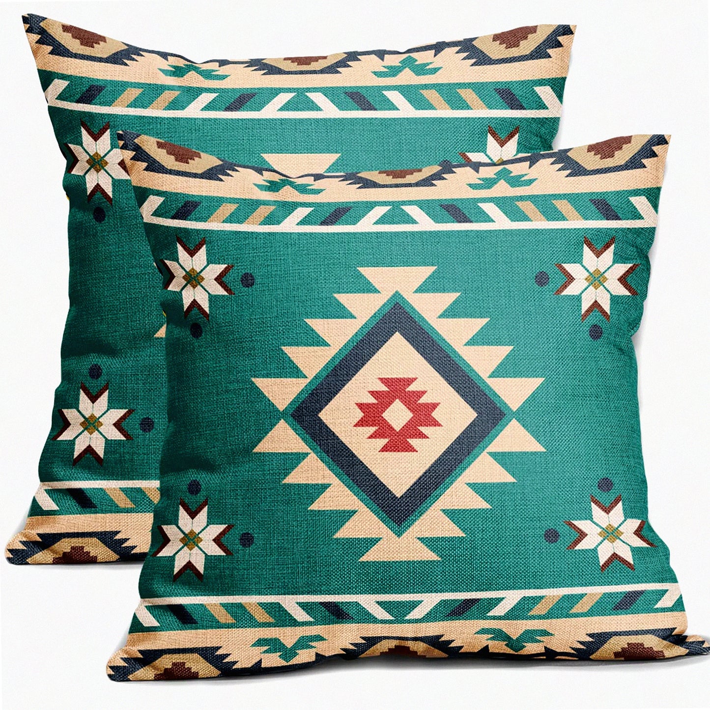 Turquoise Southwest Linen Pillow Covers - Set of 2 Decorative Cushion Cases for Couch, Sofa, Patio, Bedroom, Living Room - 18x18 Inch Western Throw
