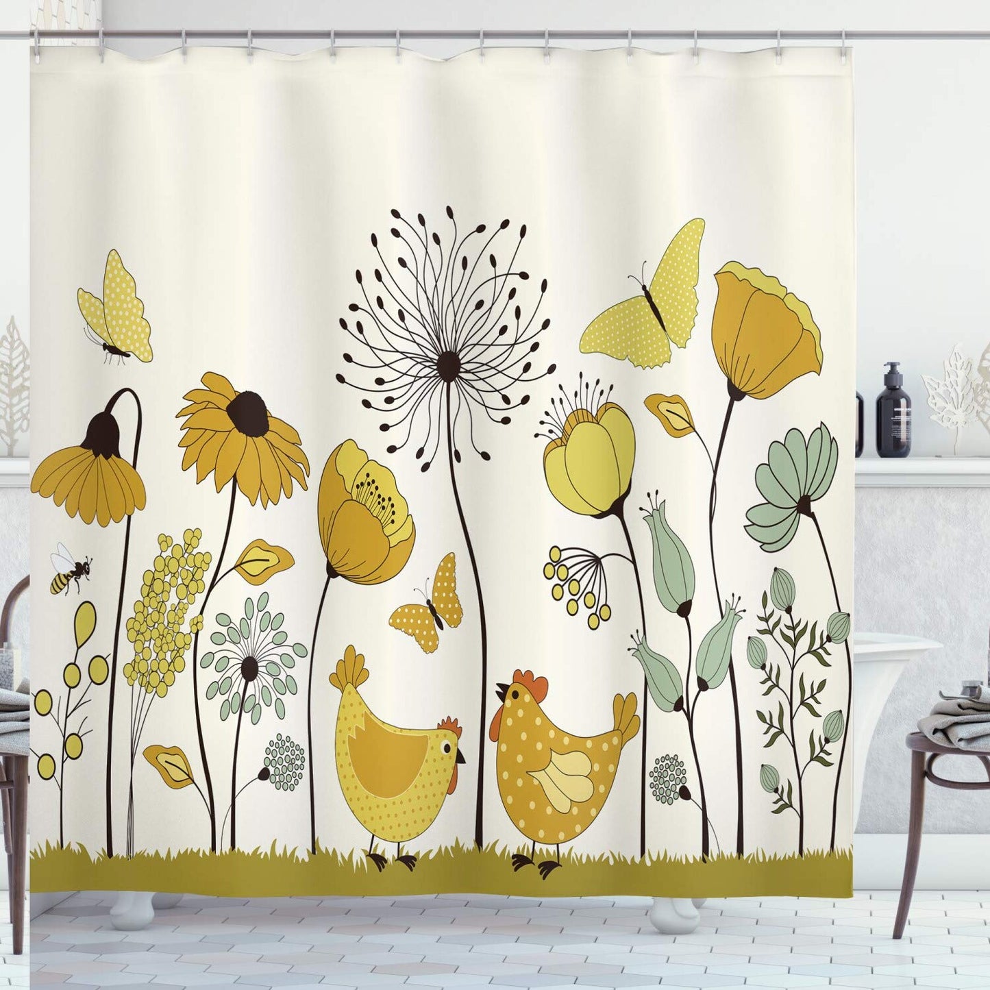 Spring Shower Curtain Polka Dotted Chicken Butterflies 69x70 Inches
