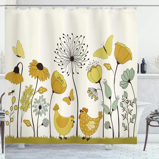 Spring Shower Curtain Polka Dotted Chicken Butterflies 69x70 Inches