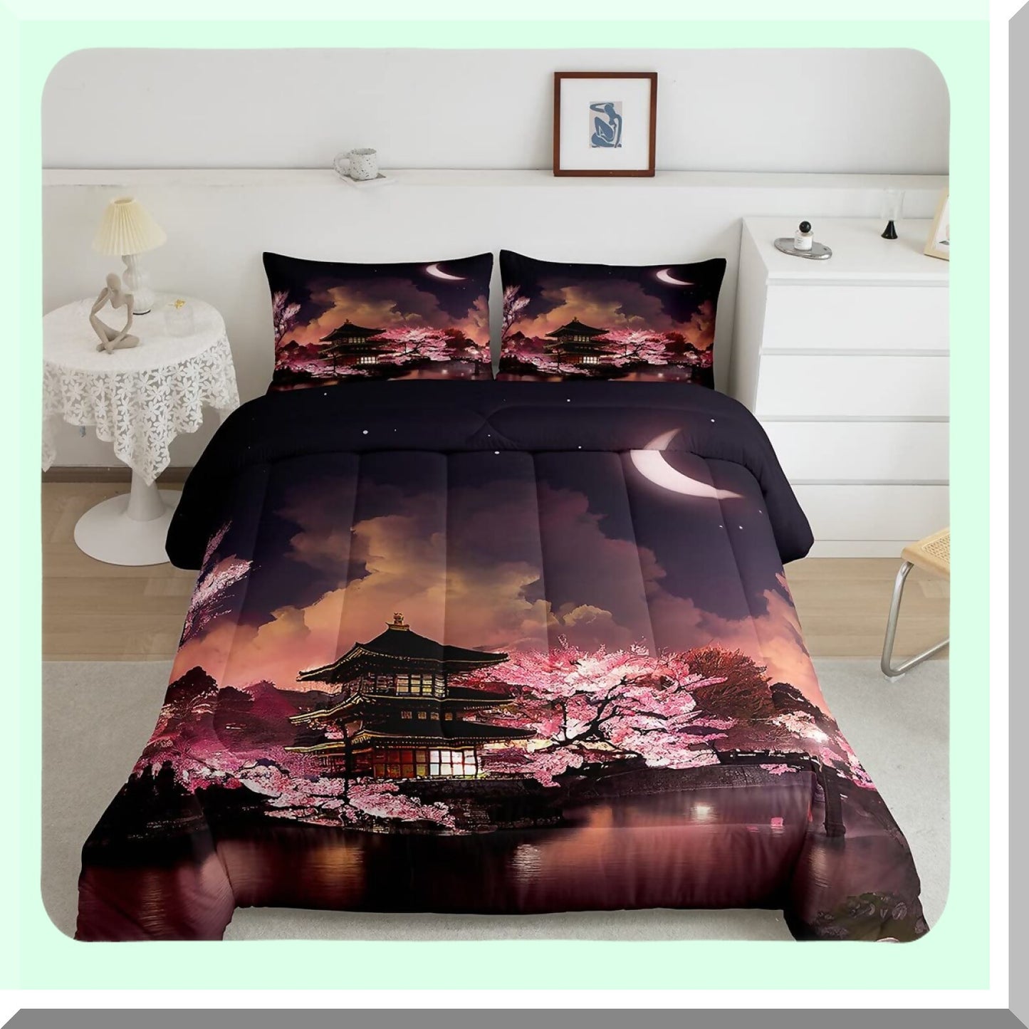 Moonlit Cherry Blossom Romance Comforter Set - 3 Piece Bedding with Night Sky Scenery Quilt, Exotic Pink Duvet Insert, and 2 Pillowcases for Room Decor.