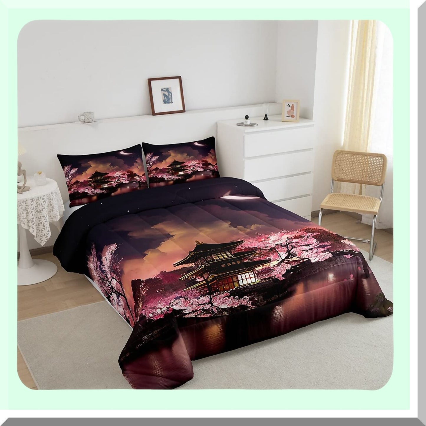 Moonlit Cherry Blossom Romance Comforter Set - 3 Piece Bedding with Night Sky Scenery Quilt, Exotic Pink Duvet Insert, and 2 Pillowcases for Room Decor.