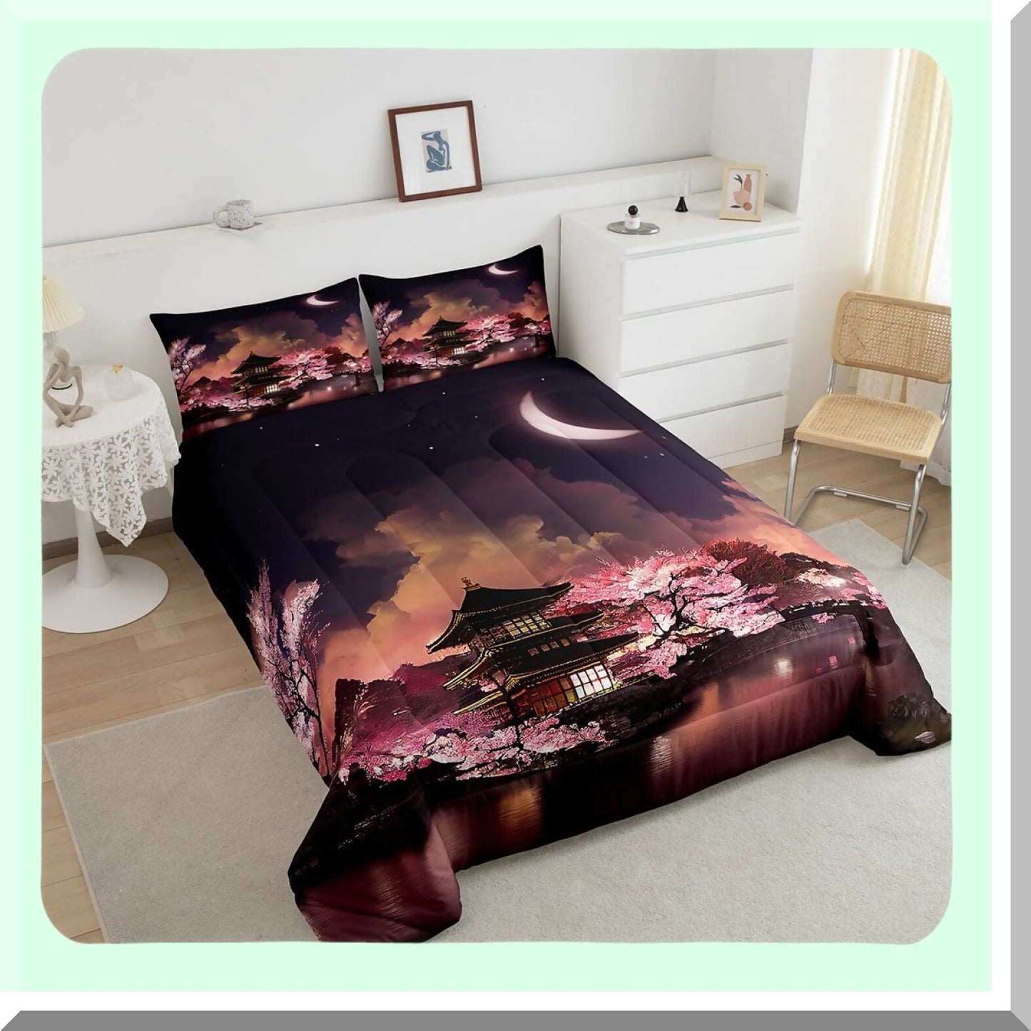 Moonlit Cherry Blossom Romance Comforter Set - 3 Piece Bedding with Night Sky Scenery Quilt, Exotic Pink Duvet Insert, and 2 Pillowcases for Room Decor.
