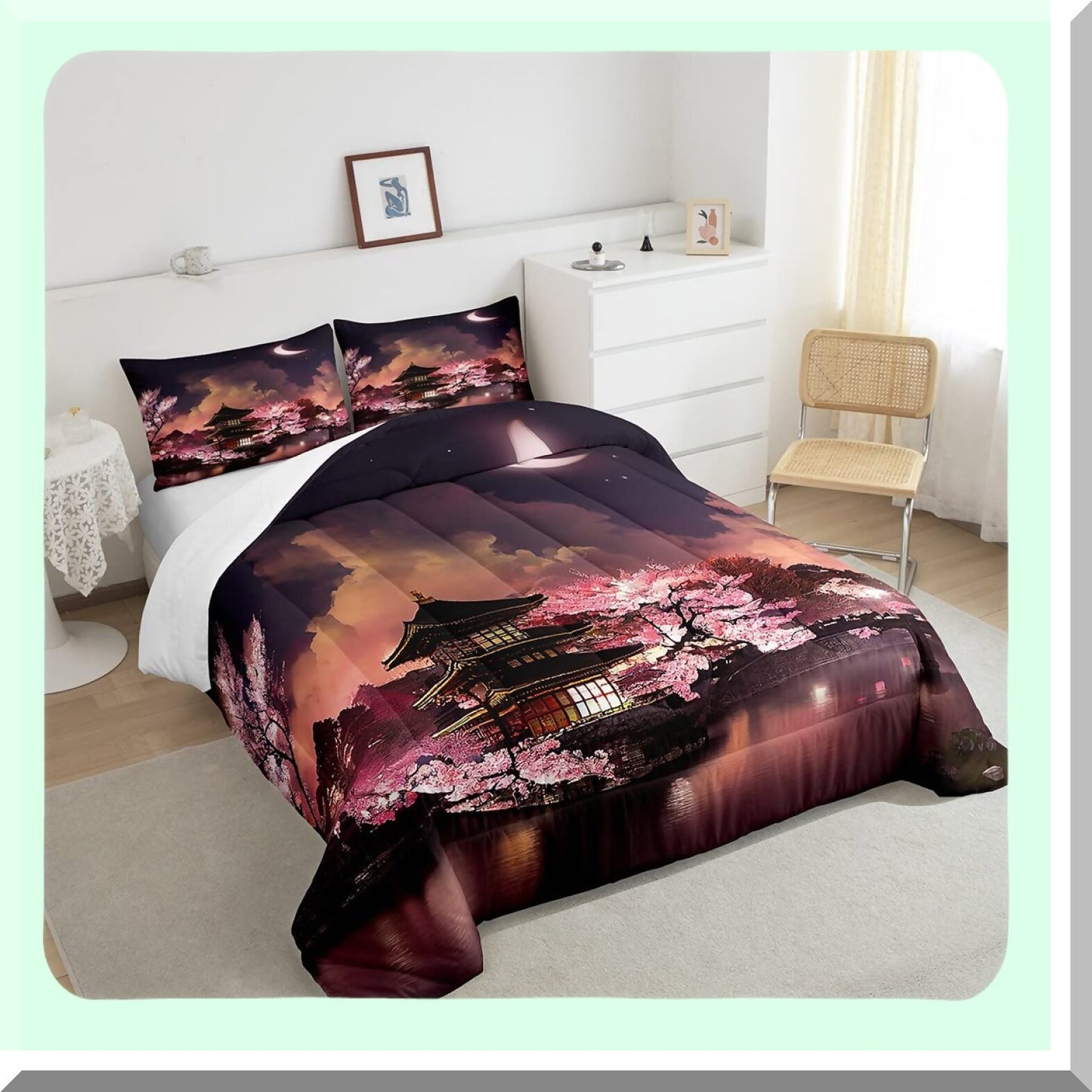 Moonlit Cherry Blossom Romance Comforter Set - 3 Piece Bedding with Night Sky Scenery Quilt, Exotic Pink Duvet Insert, and 2 Pillowcases for Room Decor.