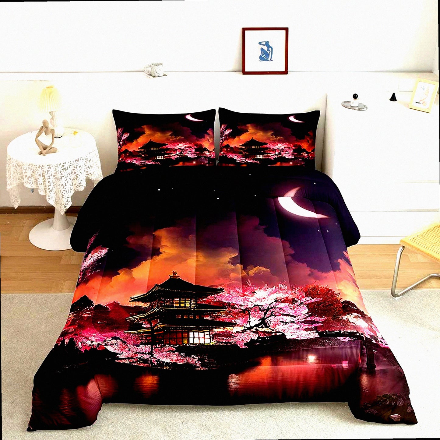 Moonlit Cherry Blossom Romance Comforter Set - 3 Piece Bedding with Night Sky Scenery Quilt, Exotic Pink Duvet Insert, and 2 Pillowcases for Room Decor.