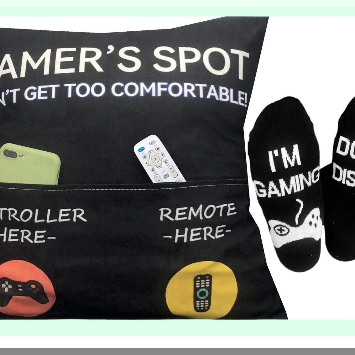GamerGear Bundle: Throw Pillow Covers & Socks Set - Gaming Room Decor & Stocking Stuffers for Teen Boys, Girls, Men, Father, Boyfriends - 18x18 Inch