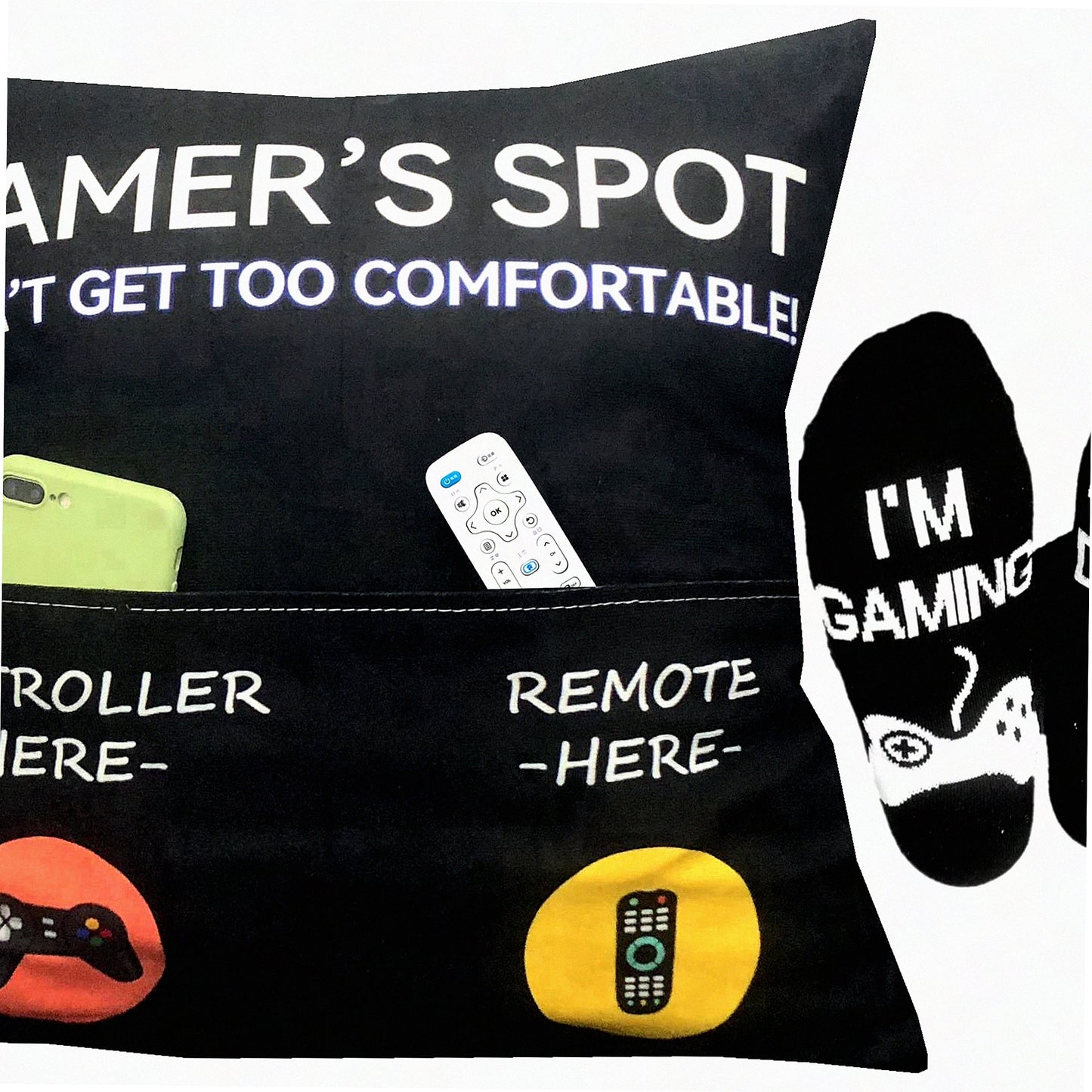 GamerGear Bundle: Throw Pillow Covers & Socks Set - Gaming Room Decor & Stocking Stuffers for Teen Boys, Girls, Men, Father, Boyfriends - 18x18 Inch