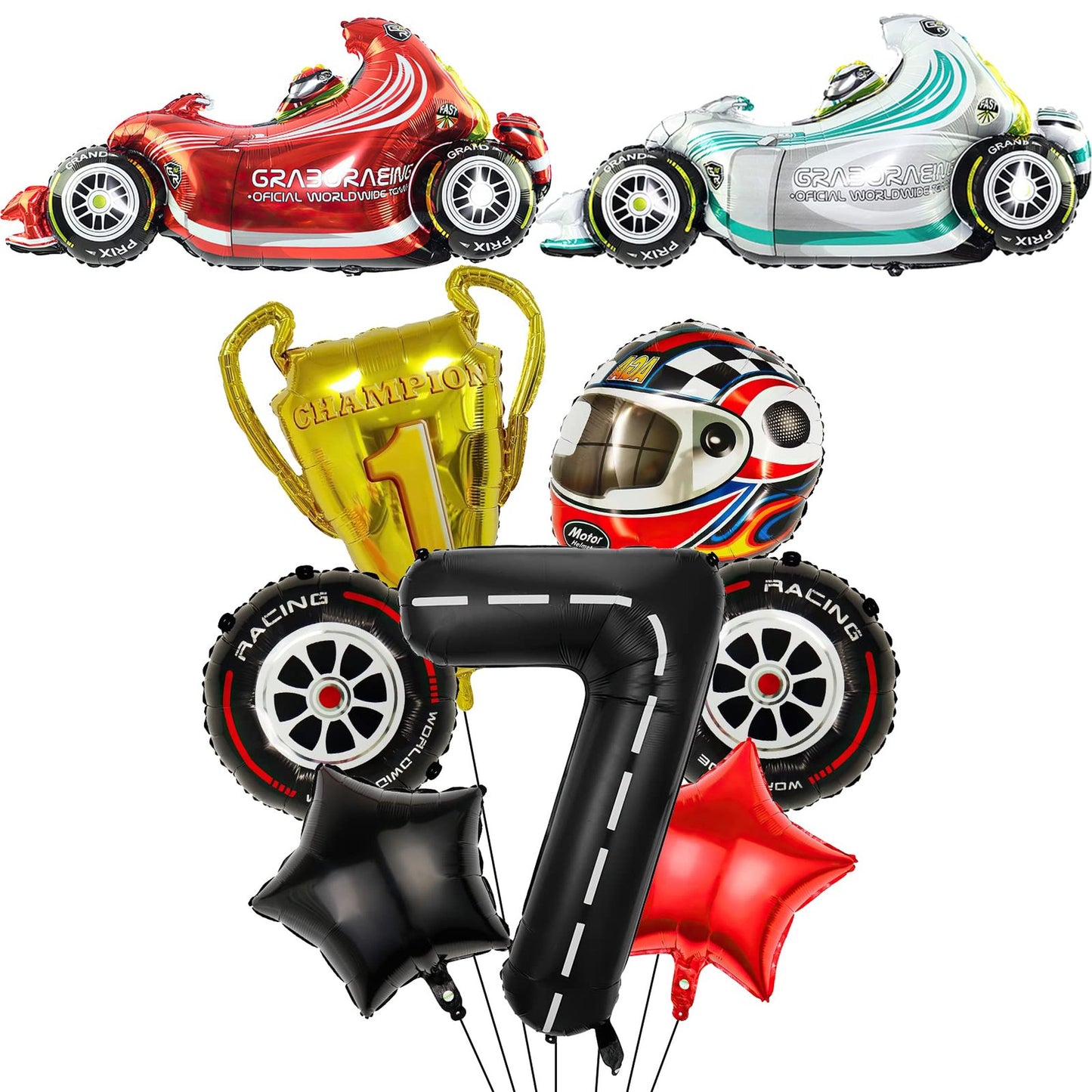 Speedy Number 7 Race Car Balloons - Set of 9 Racetrack Birthday Balloons for Baby Shower and Racing Car Party Decorations - Race Car Party Supplies