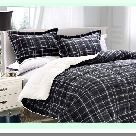 PlushLuxe Micromink Sherpa Plaid Comforter Set - Full/Queen Grey - Heavy Weight Down Alternative - Reversible Micro-Suede - Cozy Bedding