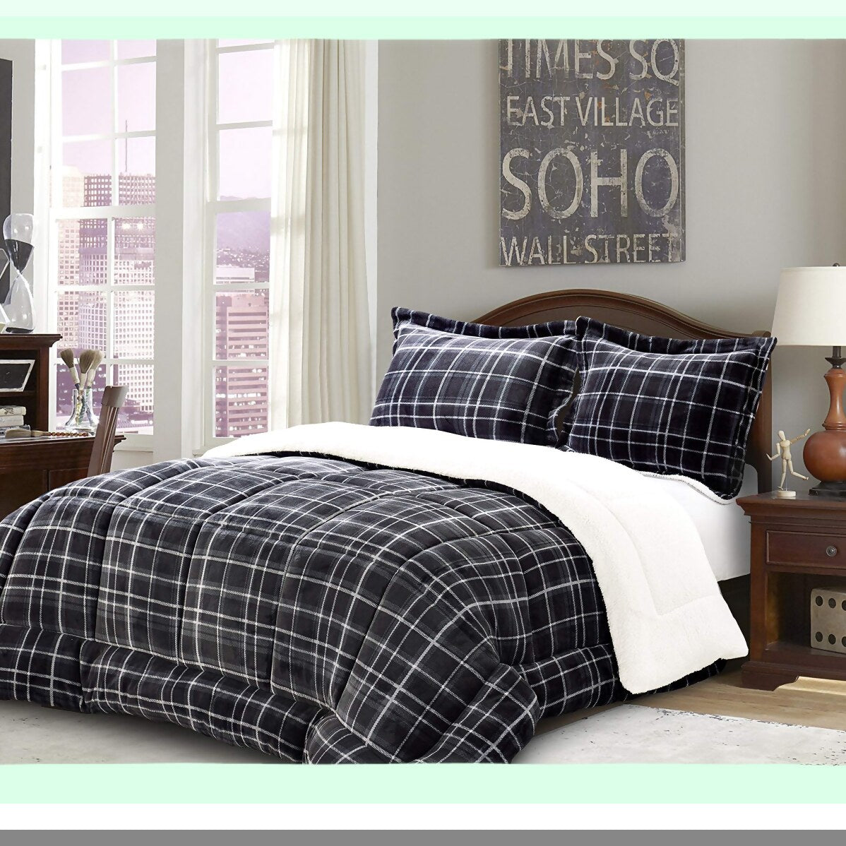PlushLuxe Micromink Sherpa Plaid Comforter Set - Full/Queen Grey - Heavy Weight Down Alternative - Reversible Micro-Suede - Cozy Bedding