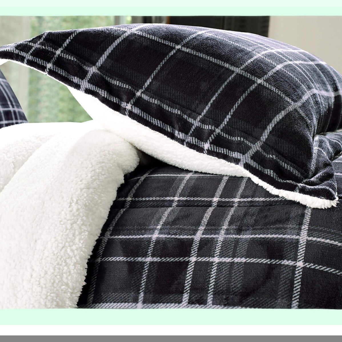 PlushLuxe Micromink Sherpa Plaid Comforter Set - Full/Queen Grey - Heavy Weight Down Alternative - Reversible Micro-Suede - Cozy Bedding