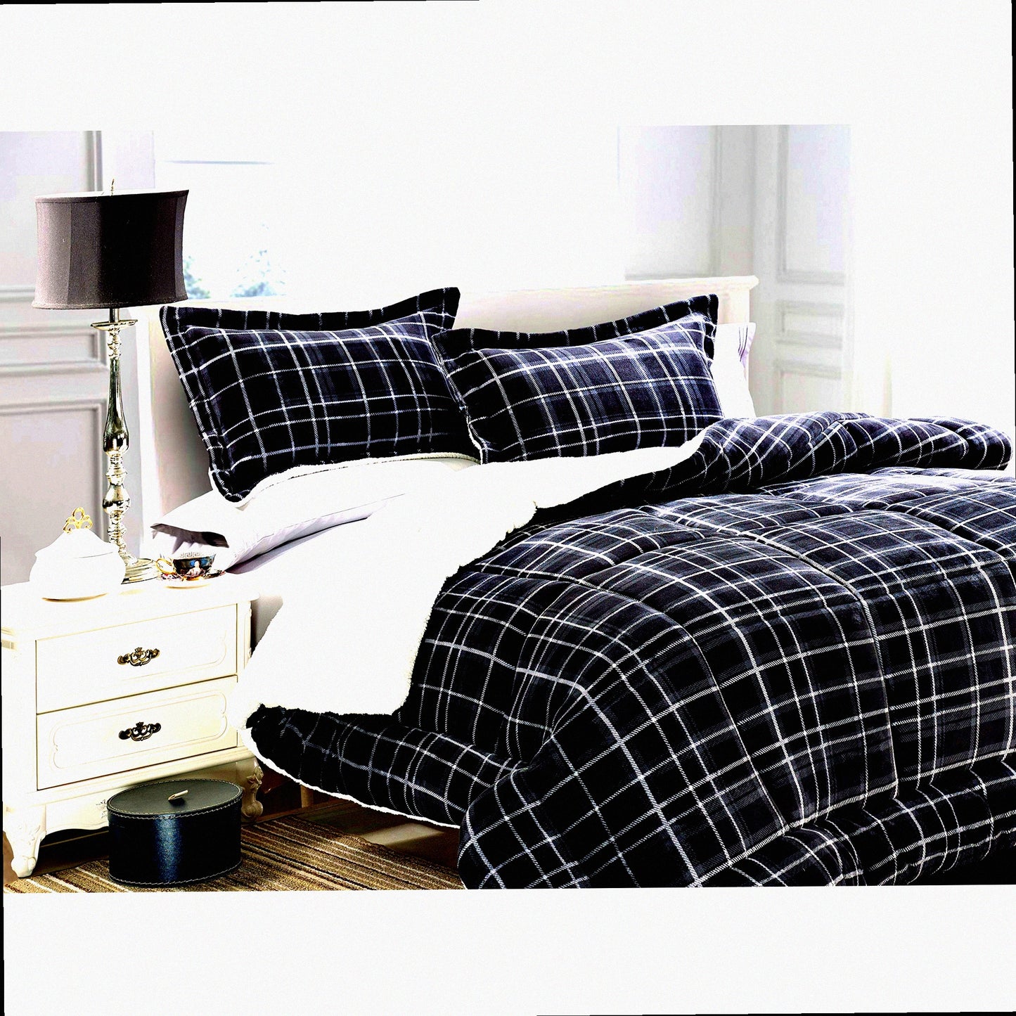 PlushLuxe Micromink Sherpa Plaid Comforter Set - Full/Queen Grey - Heavy Weight Down Alternative - Reversible Micro-Suede - Cozy Bedding
