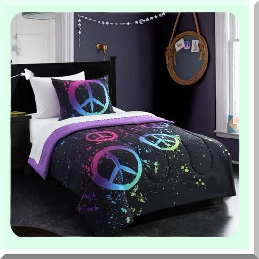 Peaceful Dreams 3-Piece Comforter Set - Black Twin XL - Soft Microfiber Bedding - Peace Sign Design - Cozy Bedroom Decor - WK689914