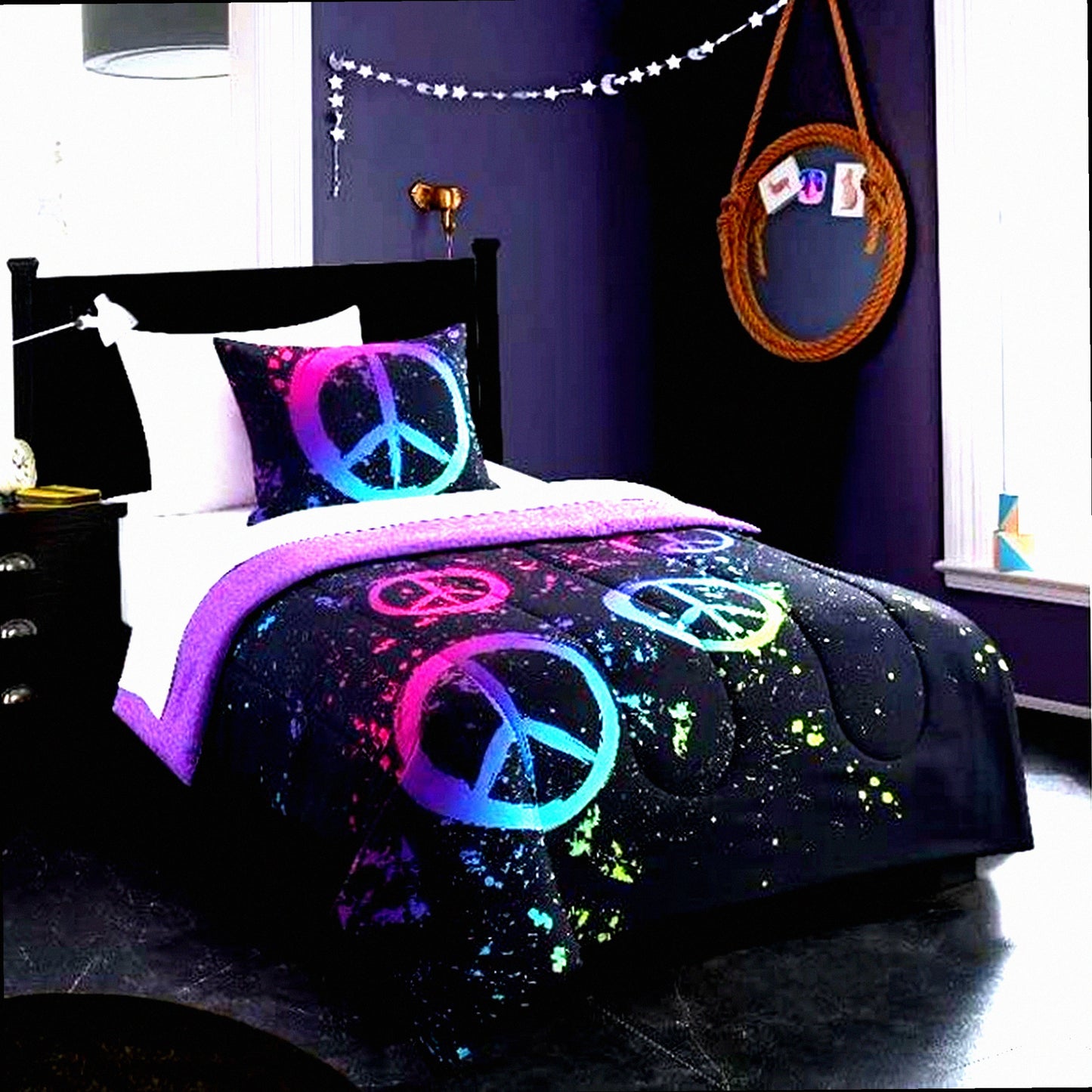Peaceful Dreams 3-Piece Comforter Set - Black Twin XL - Soft Microfiber Bedding - Peace Sign Design - Cozy Bedroom Decor - WK689914