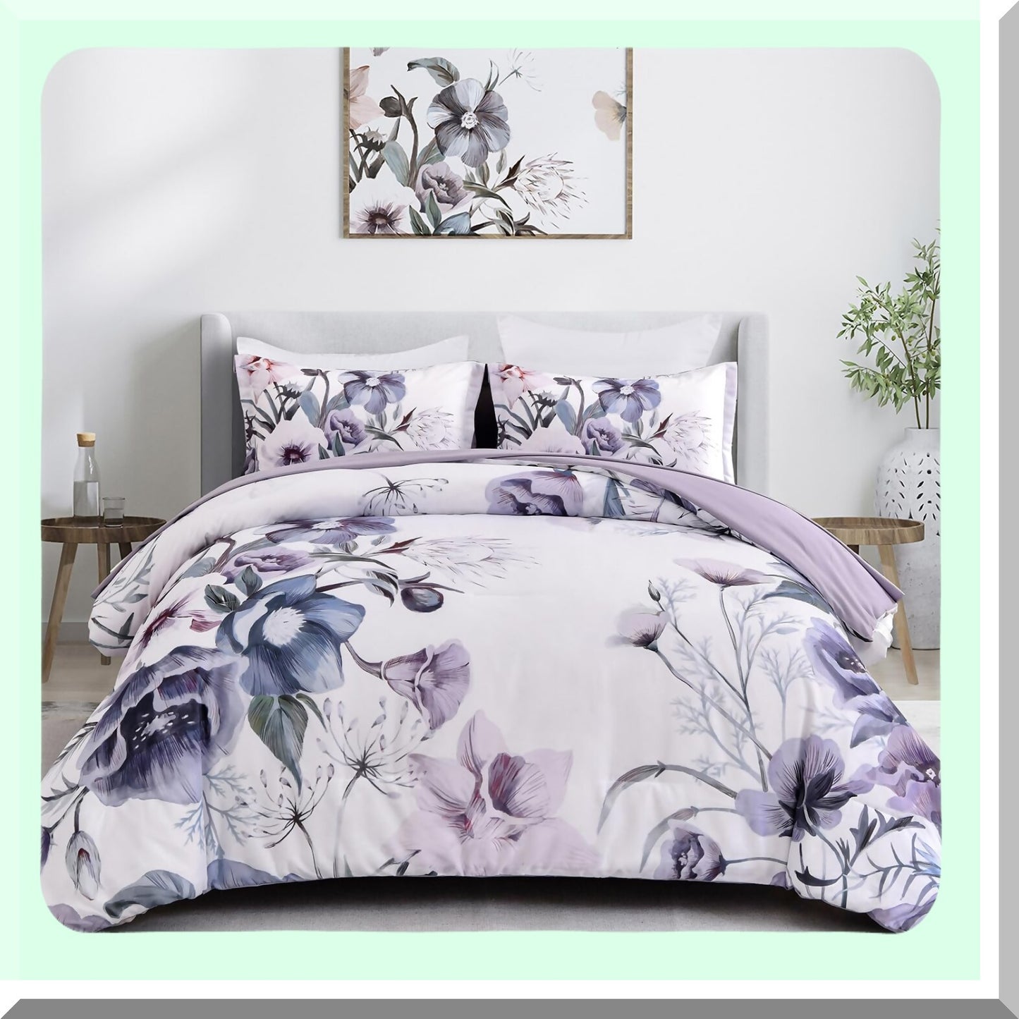 Purple Bloom Bliss 3-Piece Queen Comforter Set - Soft Microfiber Bedding with Floral Print - All Season Comforter with 2 Pillowcases - White Background