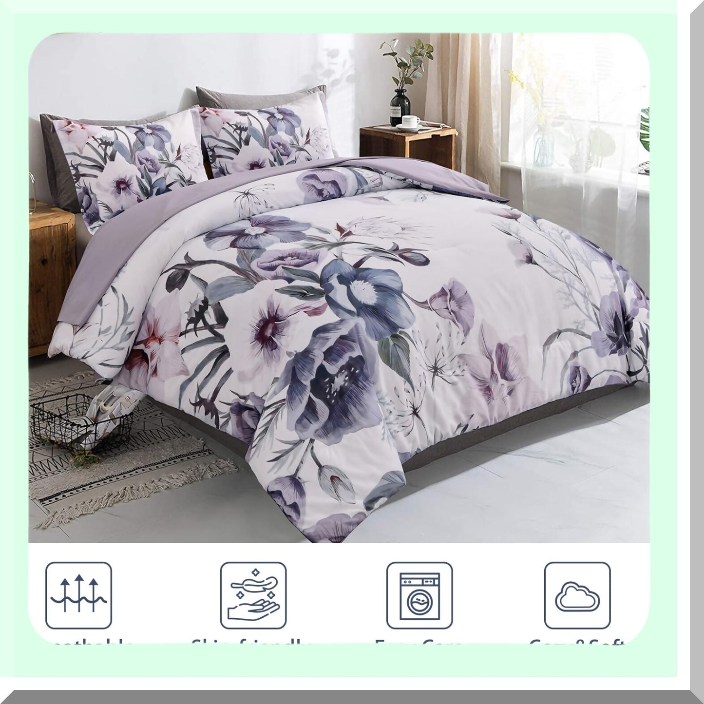 Purple Bloom Bliss 3-Piece Queen Comforter Set - Soft Microfiber Bedding with Floral Print - All Season Comforter with 2 Pillowcases - White Background