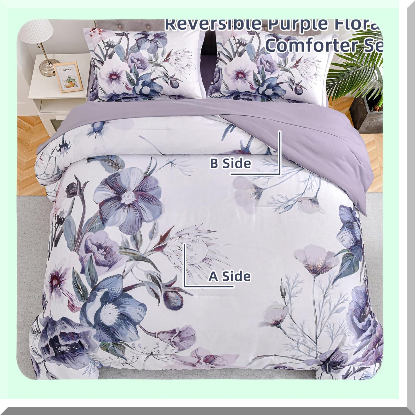 Purple Bloom Bliss 3-Piece Queen Comforter Set - Soft Microfiber Bedding with Floral Print - All Season Comforter with 2 Pillowcases - White Background
