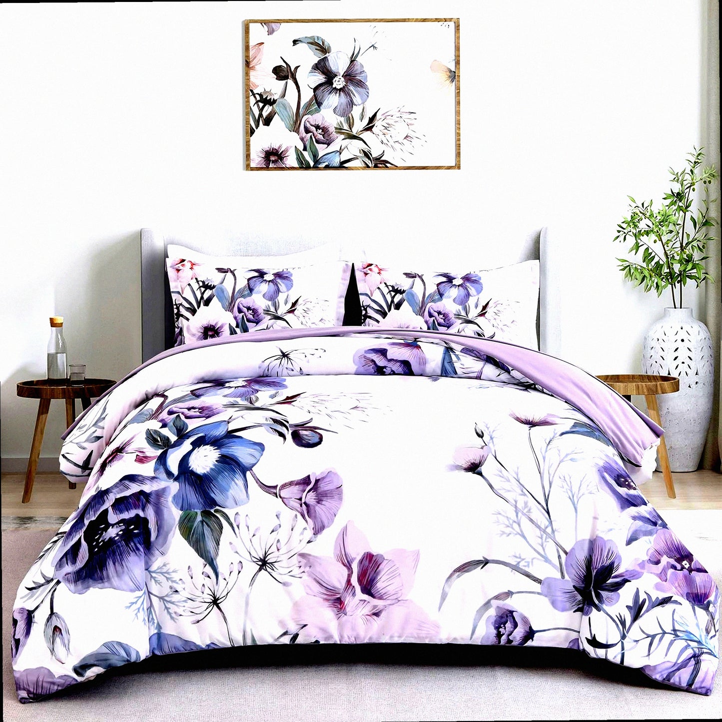 Purple Bloom Bliss 3-Piece Queen Comforter Set - Soft Microfiber Bedding with Floral Print - All Season Comforter with 2 Pillowcases - White Background