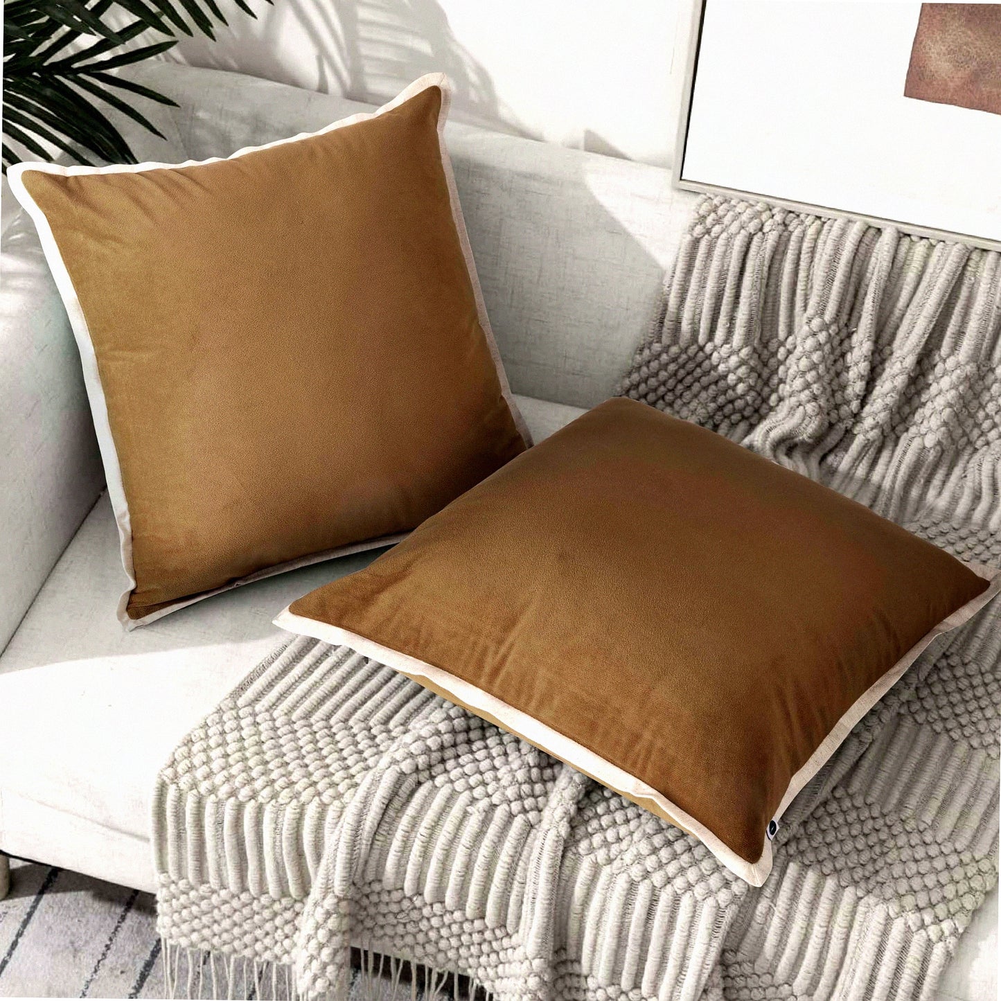 Luxury Velvet Brown Pillow Covers - Set of 2 Decorative Cushion Cases for Sofa & Bedroom - Soft Solid 24X24 Throw Pillowcases