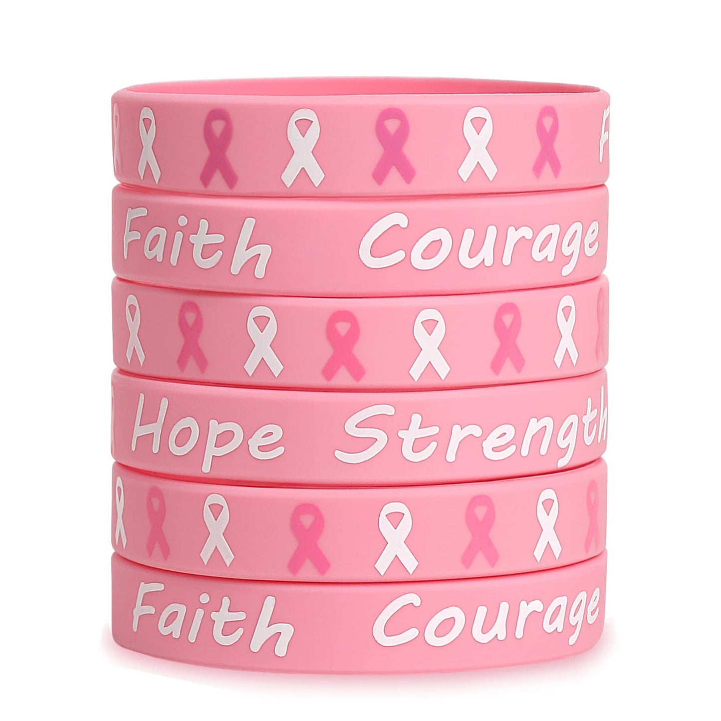 Pink Ribbon Hope Faith Strength Courage Bracelets - Set of 36 Wristbands for Breast Cancer Awareness Party Supplies and Favors.