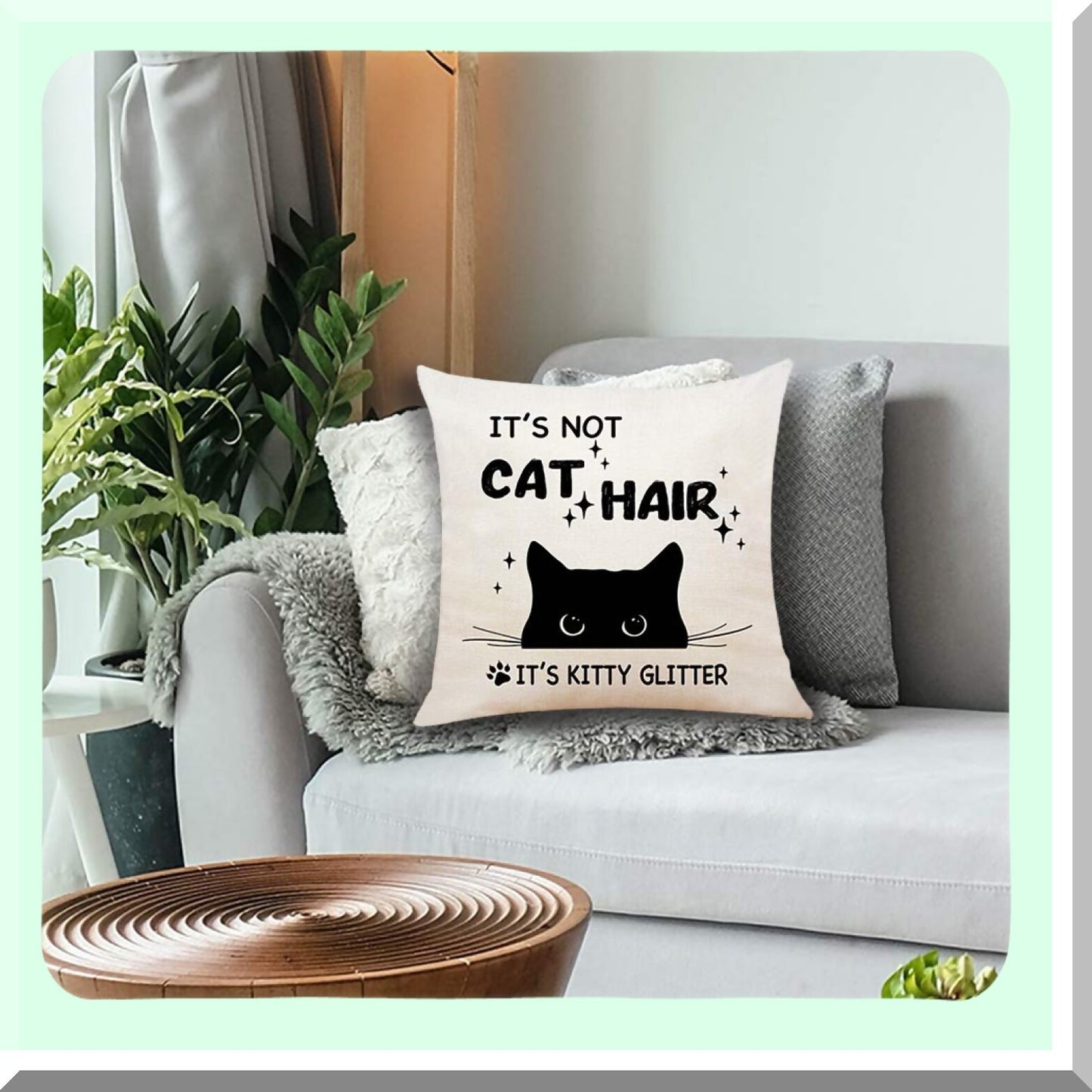 Kitty Glitter Cotton Linen Throw Pillow - Funny Cat Mom Gift for Women - Black Cat Lover Decor - 18x18 Funny Quote Cat Hair Cushion Cover
