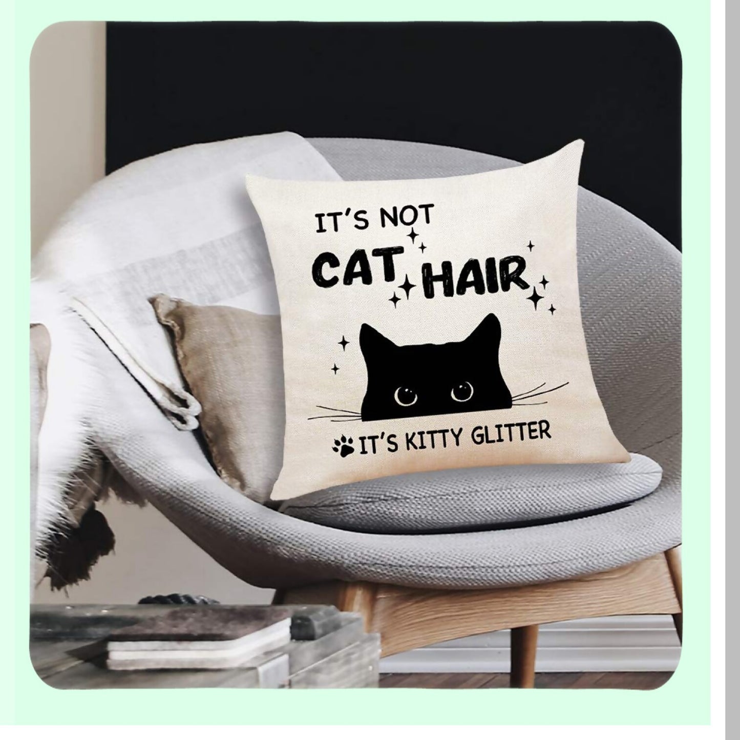 Kitty Glitter Cotton Linen Throw Pillow - Funny Cat Mom Gift for Women - Black Cat Lover Decor - 18x18 Funny Quote Cat Hair Cushion Cover