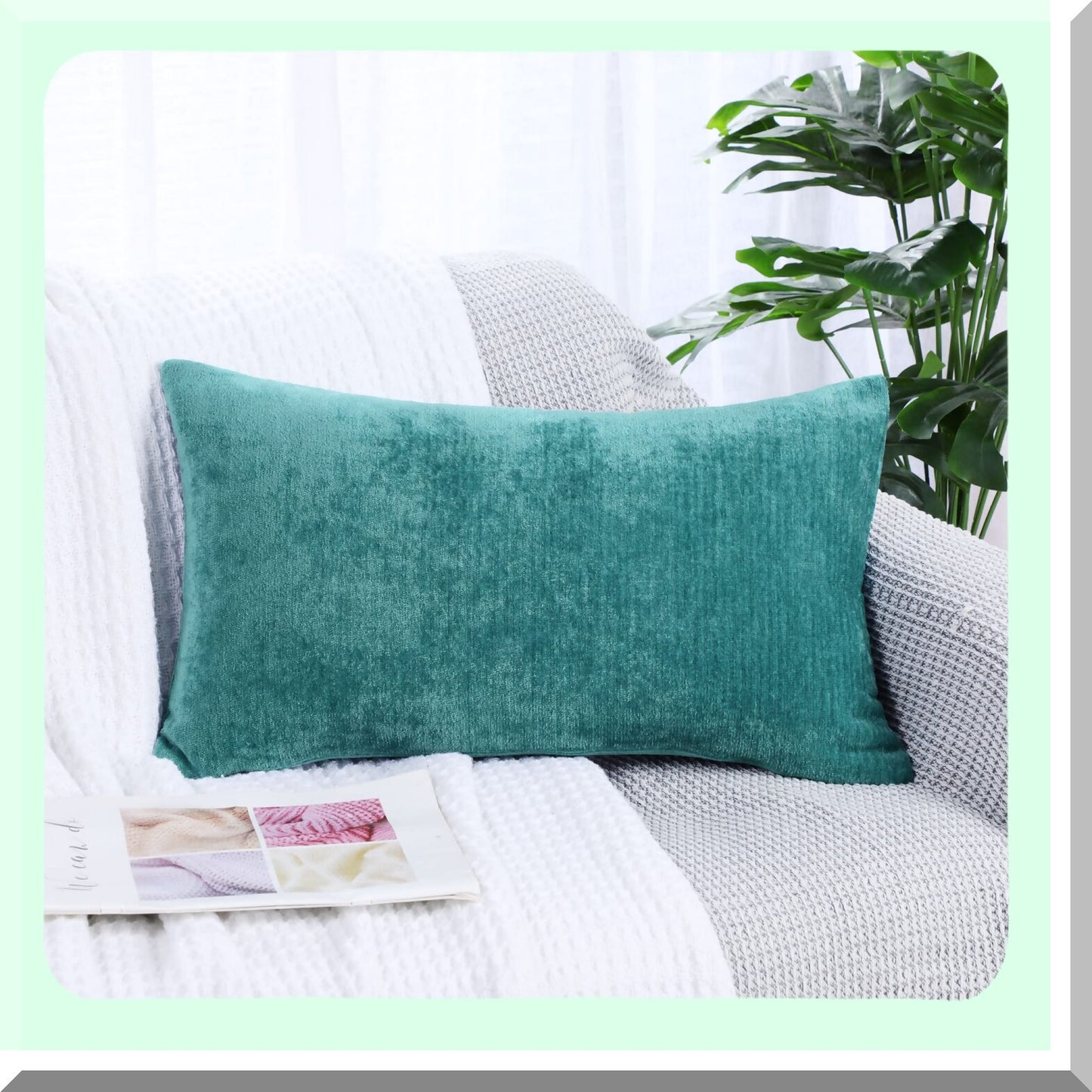 Water Repellent Chenille Throw Pillow Covers - Soft Decorative Cushion Covers for Sofa & Car - Cute Home Pillowcases - 12x20 Inch Peacock Blue