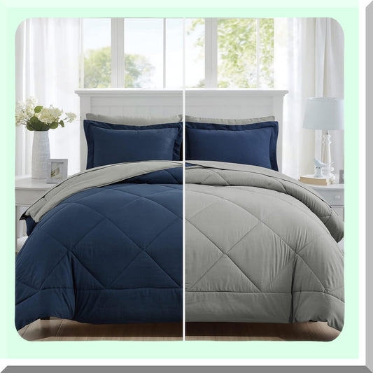 Navy Grey Reversible Comforter Set - 7 Piece Bedding Bundle for Queen Size Bed - Flat Sheet, Fitted Sheet, Pillowcases, Shams - All-in-One Bed in a Bag