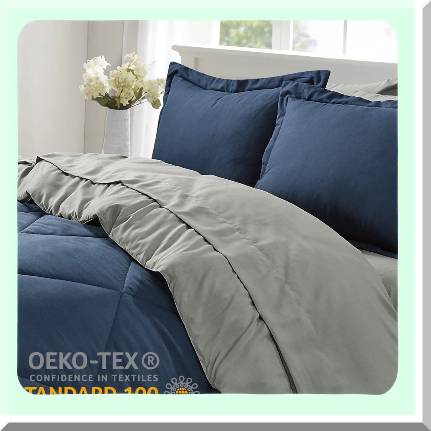 Navy Grey Reversible Comforter Set - 7 Piece Bedding Bundle for Queen Size Bed - Flat Sheet, Fitted Sheet, Pillowcases, Shams - All-in-One Bed in a Bag