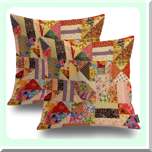 Geometric Patchwork Throw Pillow Set - Retro Decorative Cushion Covers 18x18, Square Multi Colored Pattern for Sofa Bedroom Car, 18 Inches, Set of 2